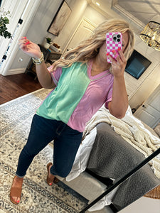 GREEN AND PURPLE V-NECK TOP