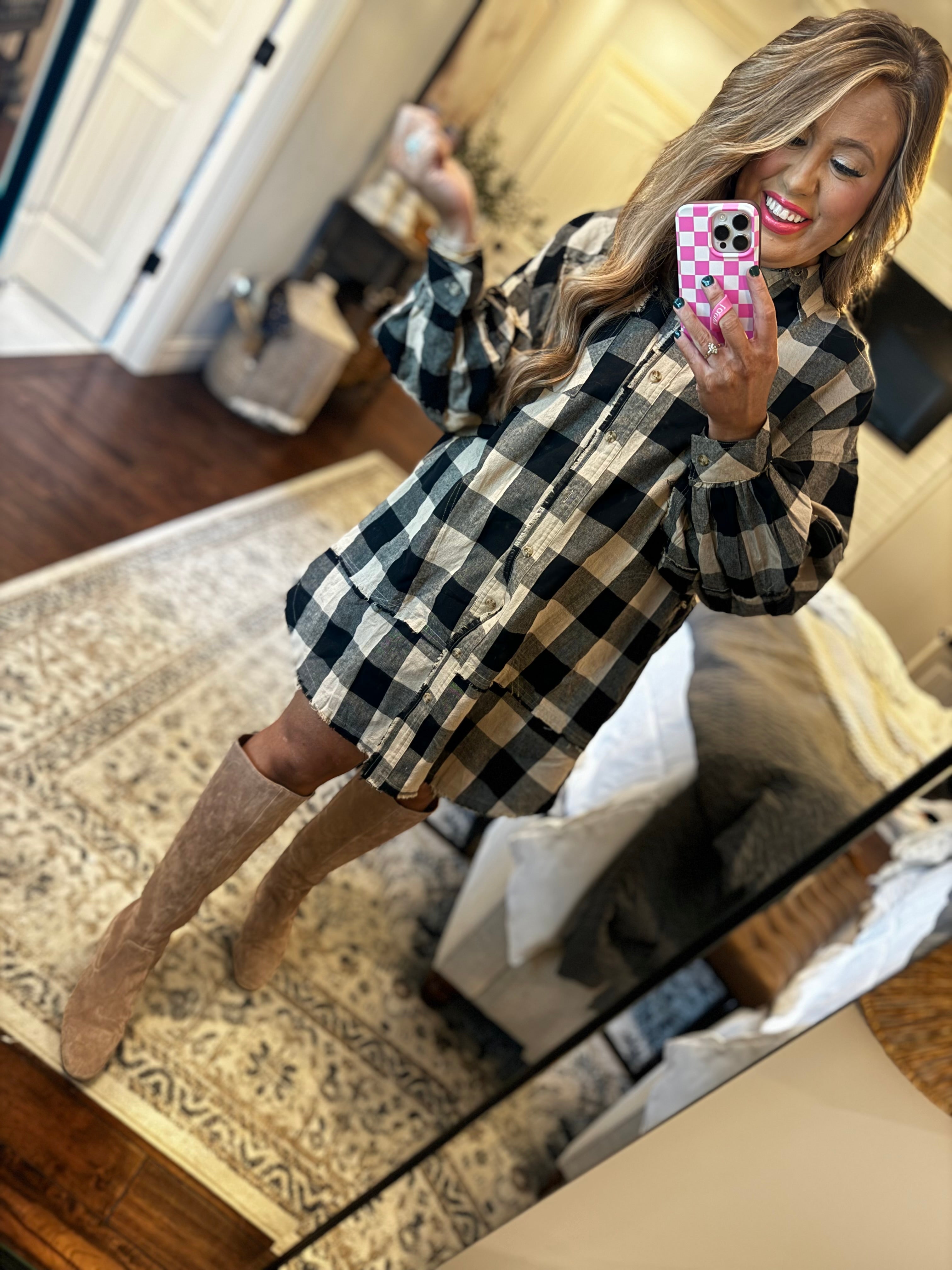 BLACK TAUPE PLAID TUNIC DRESS P12