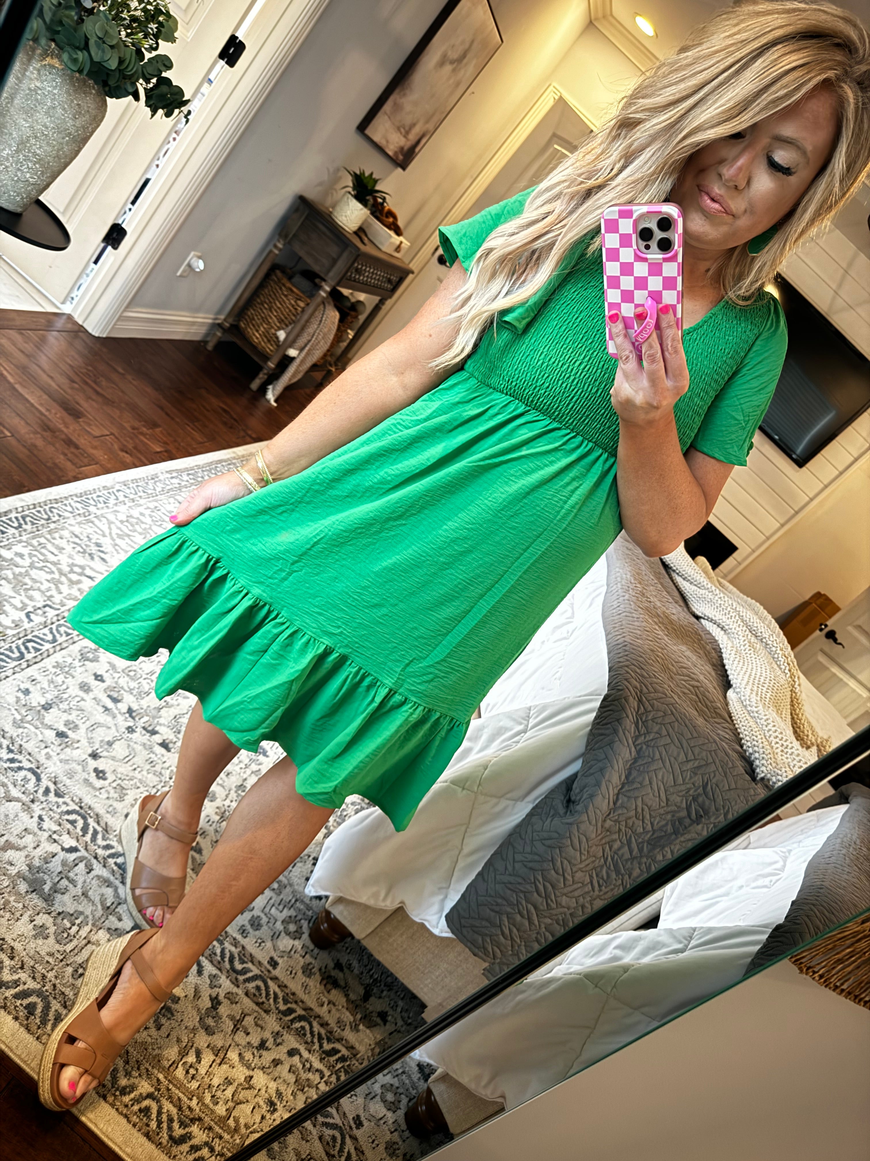 GREEN SMOCKED DRESS