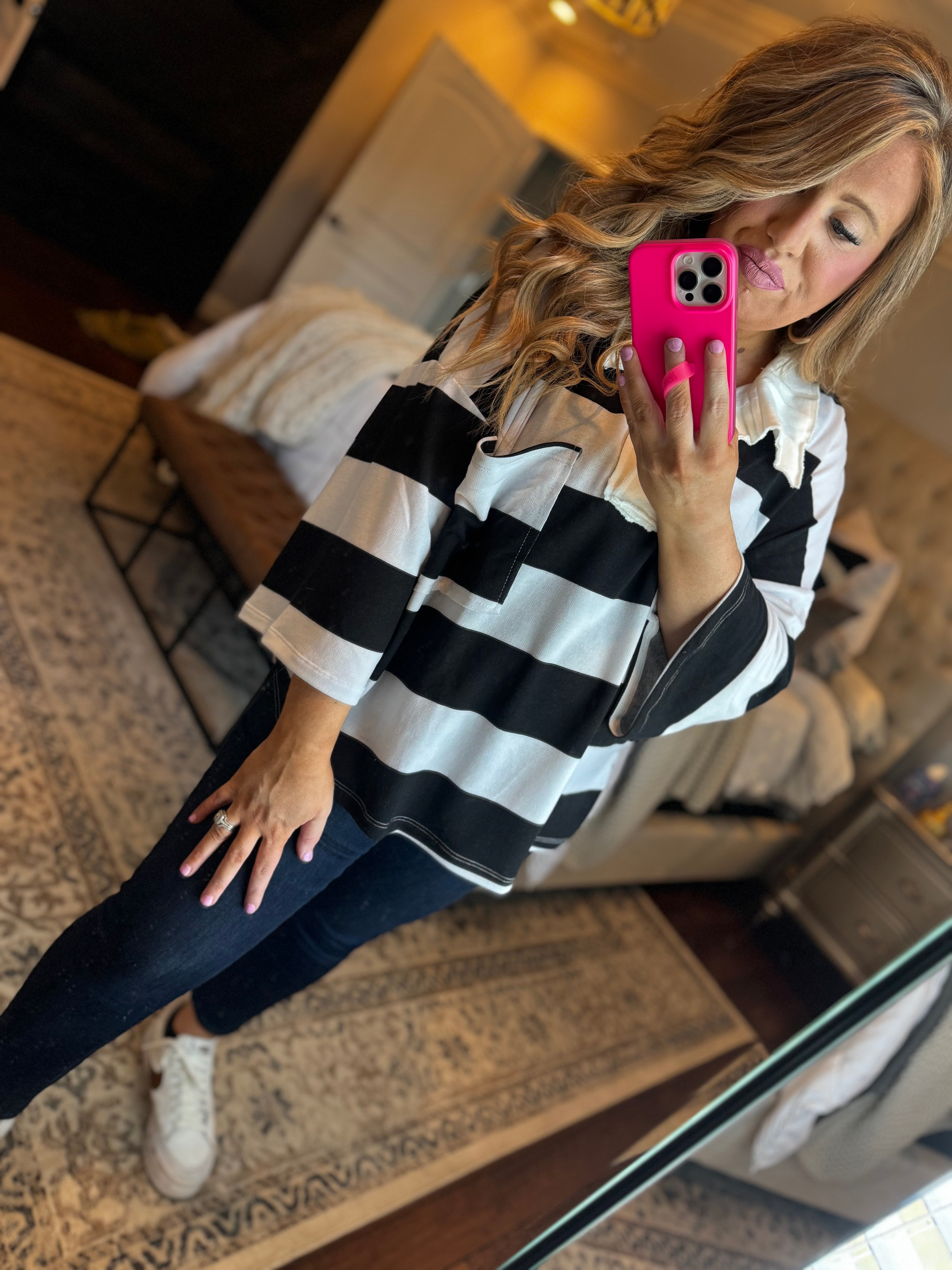 SLOUCHY BLACK STRIPE COLLARED TOP 10C