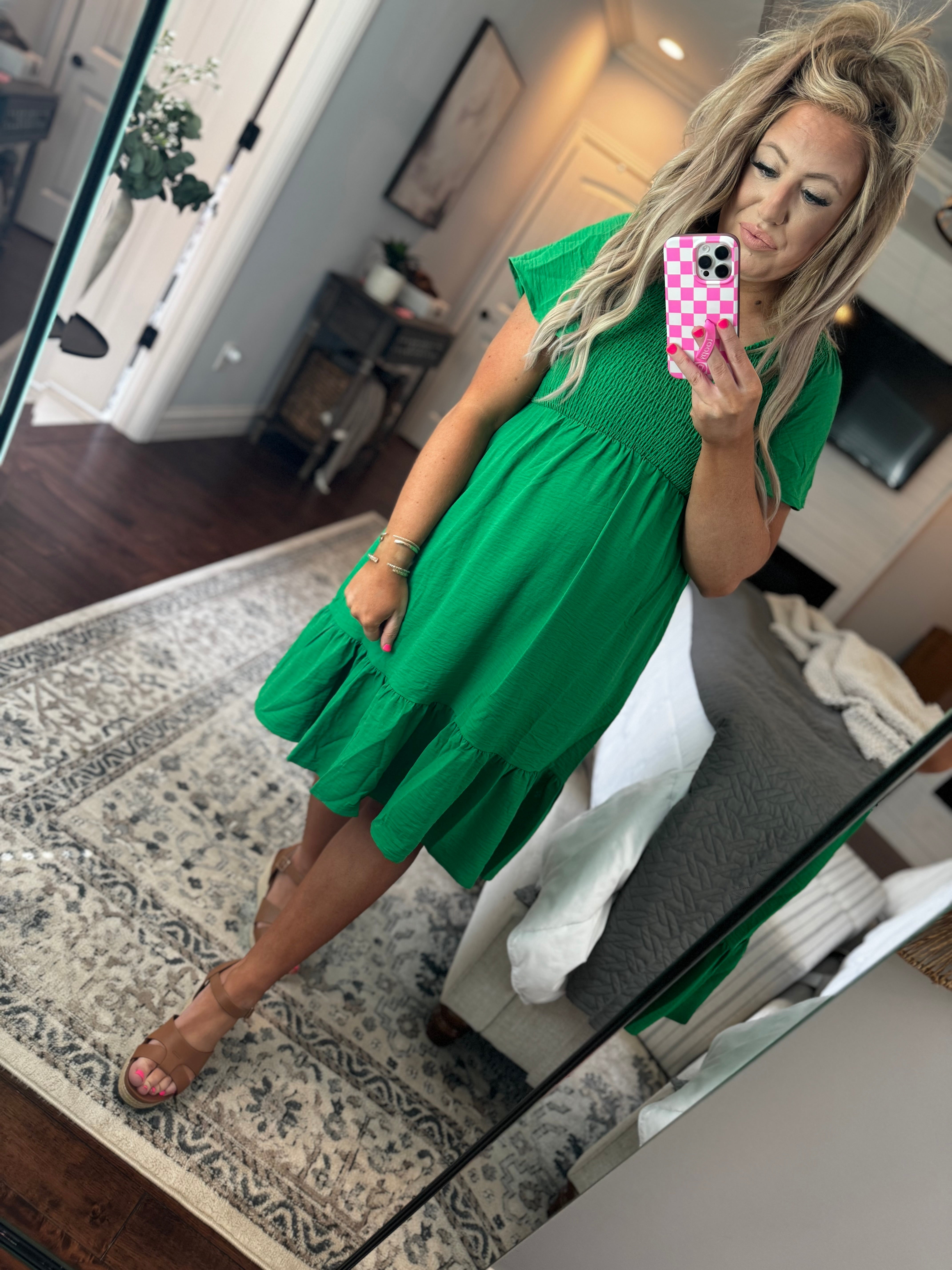 GREEN SMOCKED DRESS