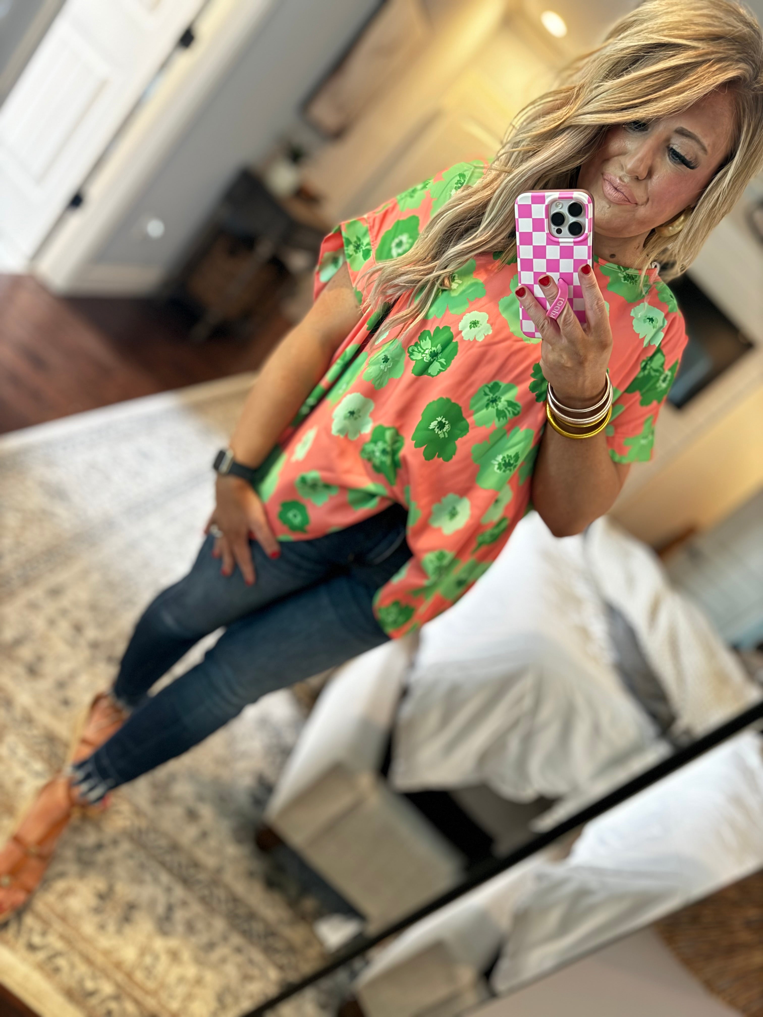 ORANGE/ GREEN FLORAL TOP  28E