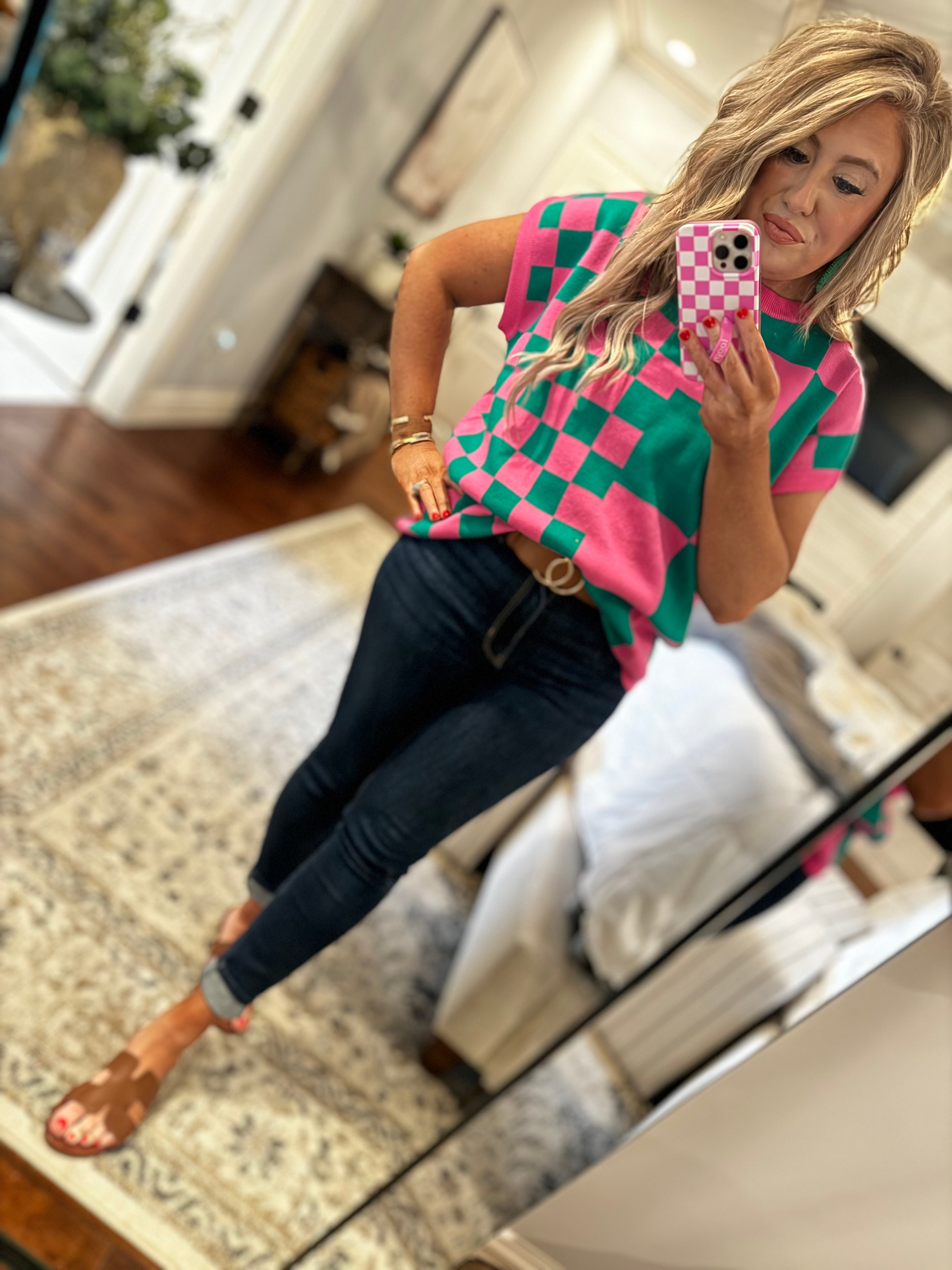 GREEN/PINK  SHORT SLEEVE SWEATER SHIRT