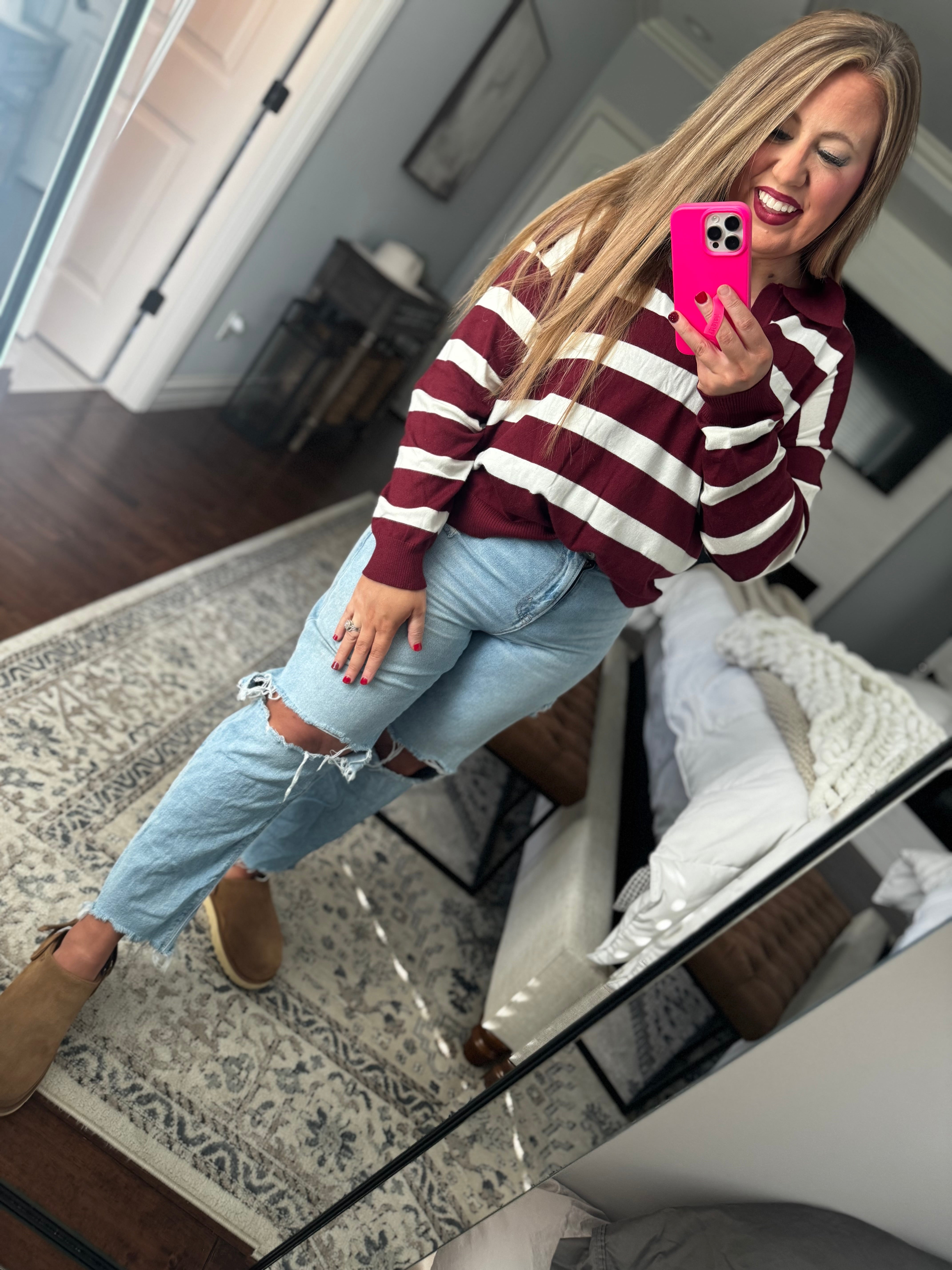 BURGUNDY/WHITE COLLARED TOP 41Y