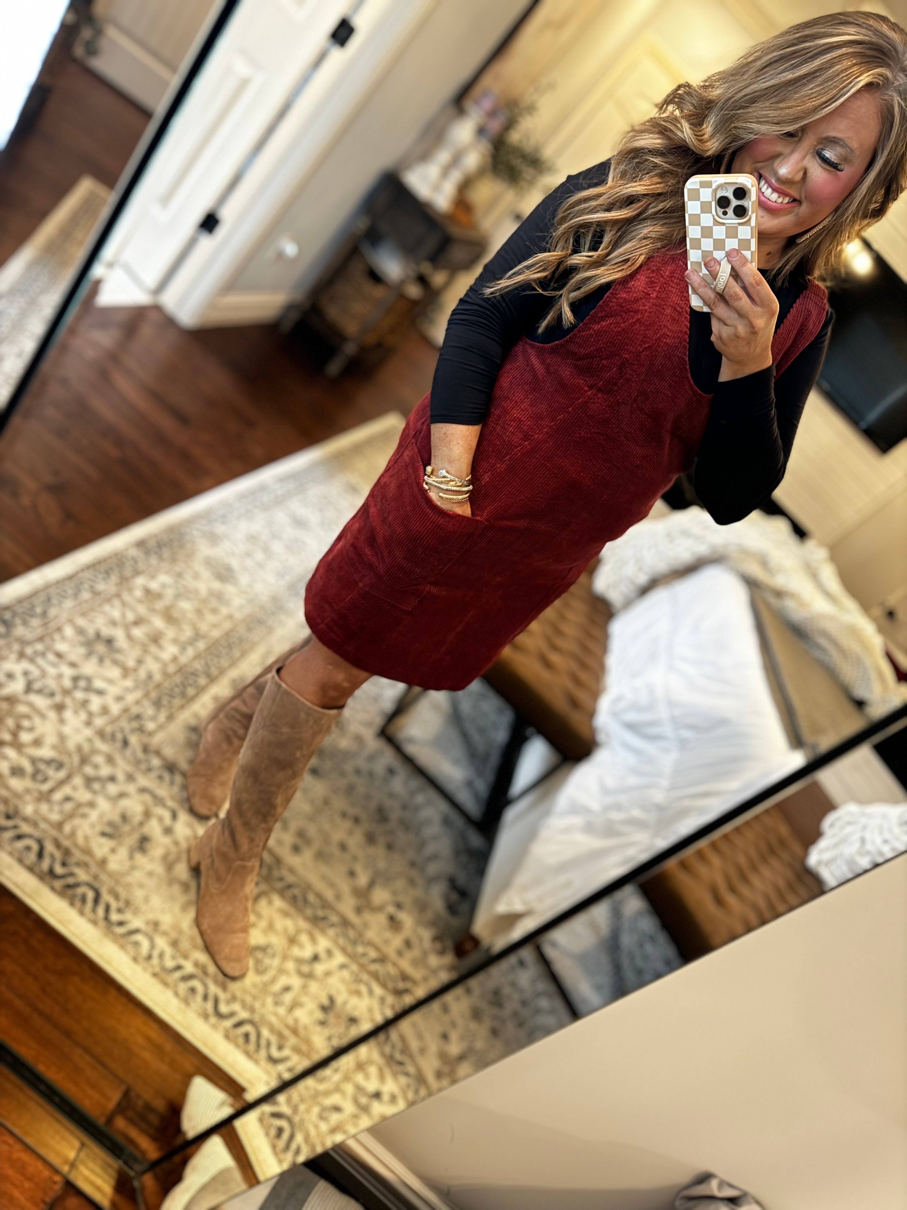 BURGUNDY OVERALL CORDUROY DRESS 27W