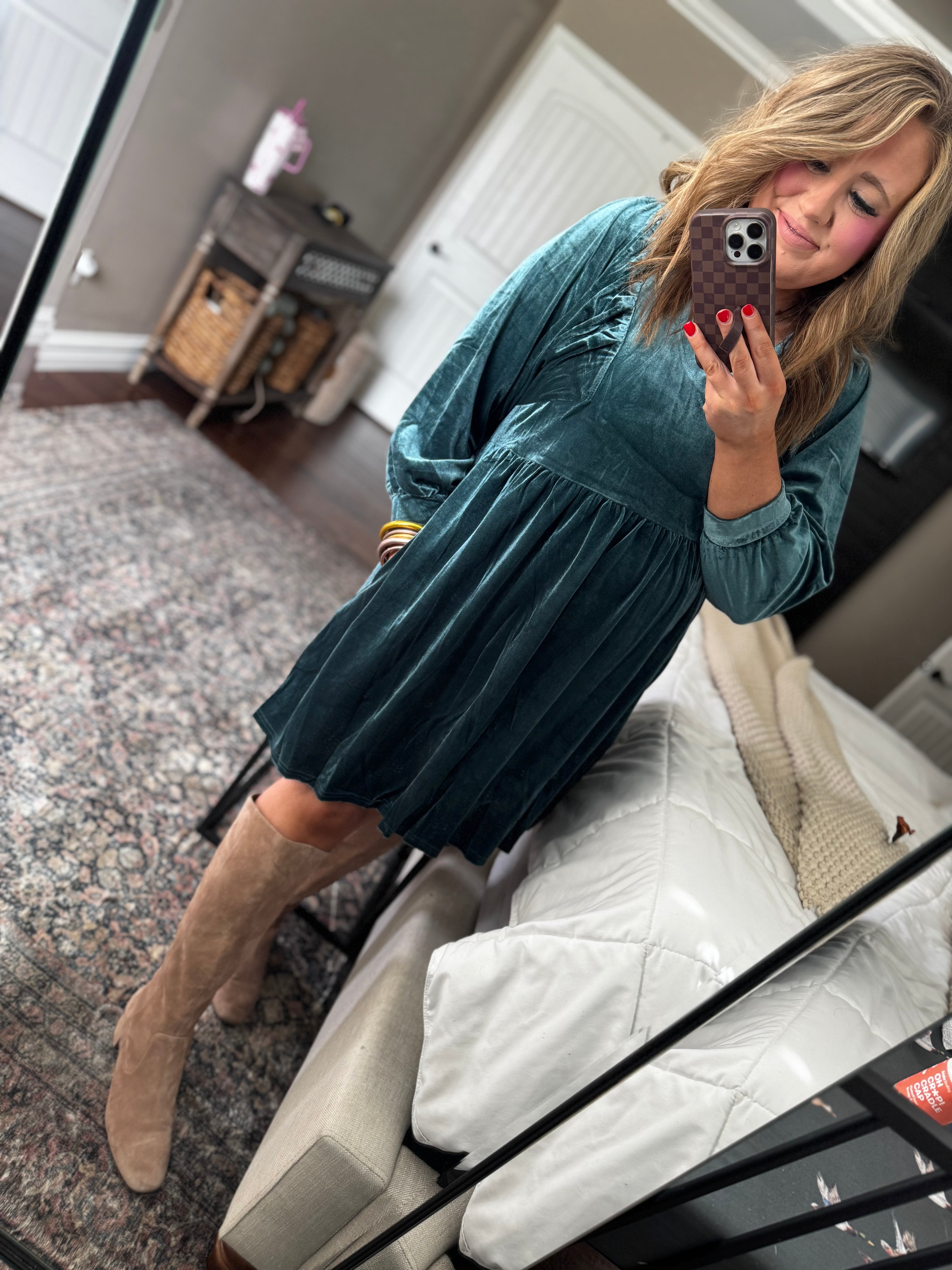 DOORBUSTER EASEL TEAL GREEN V-NECK DRESS S23