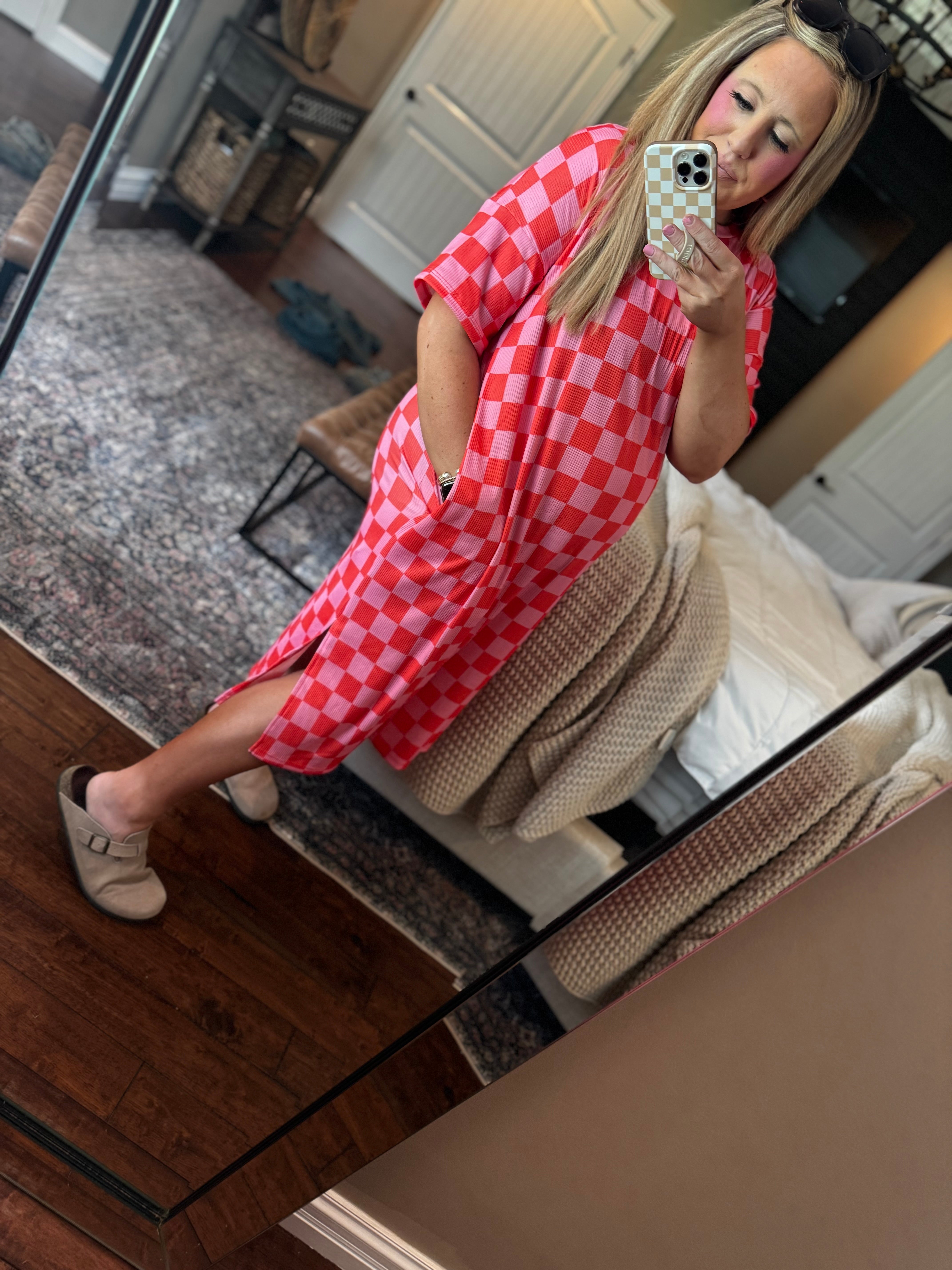 RED PINK CHECKERED DRESS L5