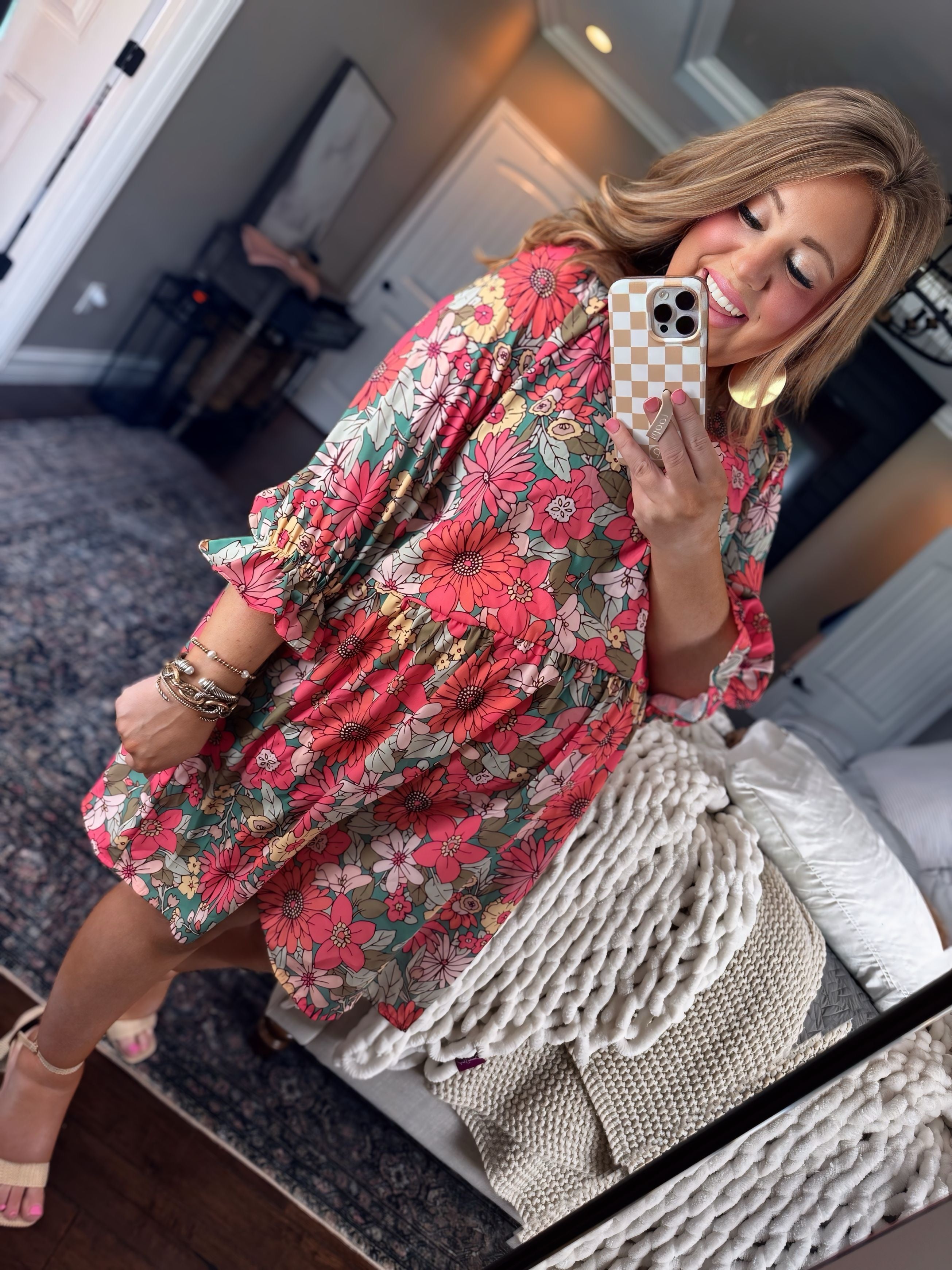 CURVY CORAL GREEN FLORAL DRESS *