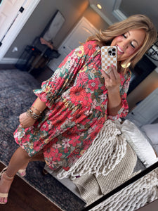 CURVY CORAL GREEN FLORAL DRESS *