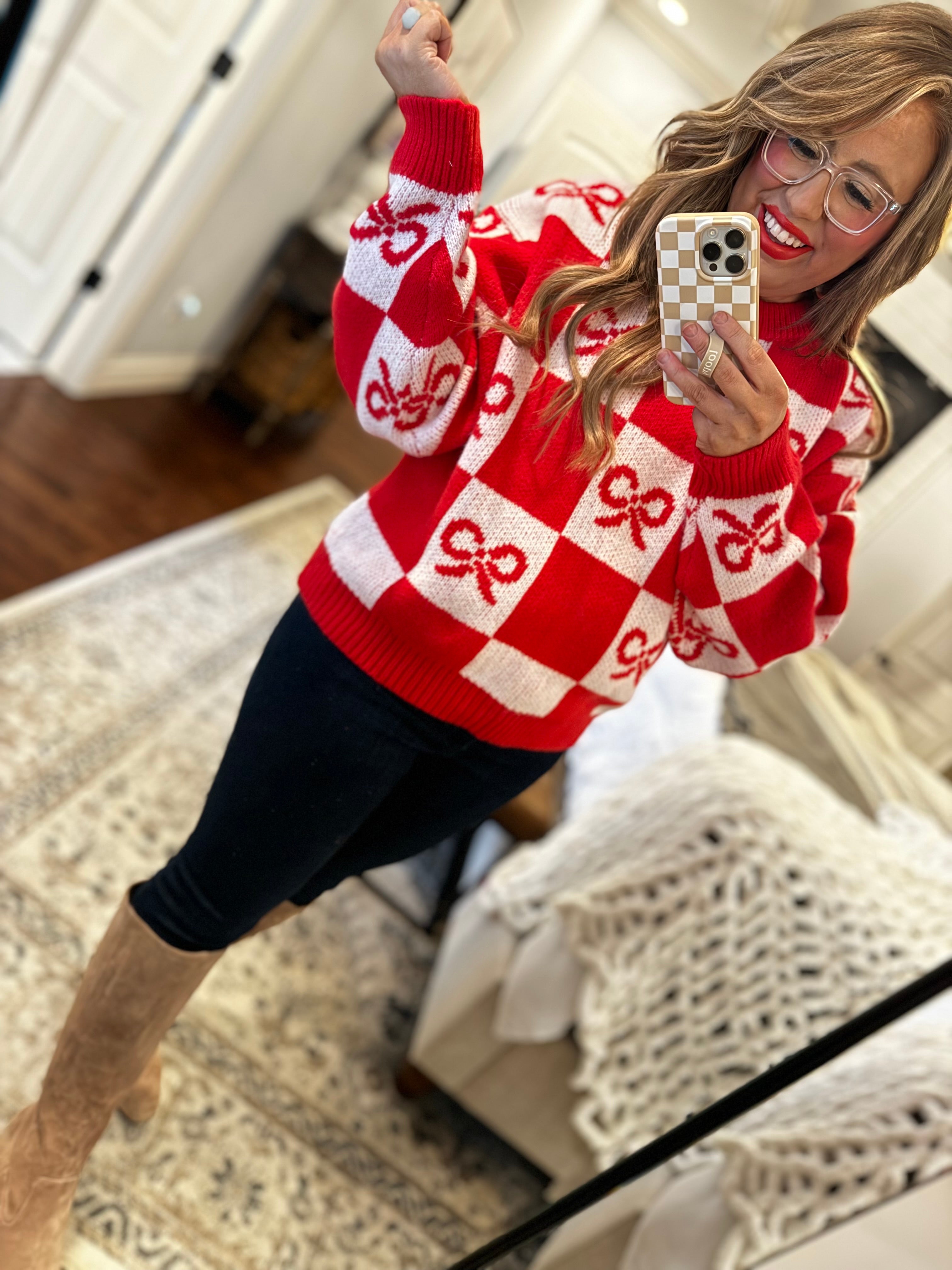 RED CHECKERED BOW SWEATER 6W