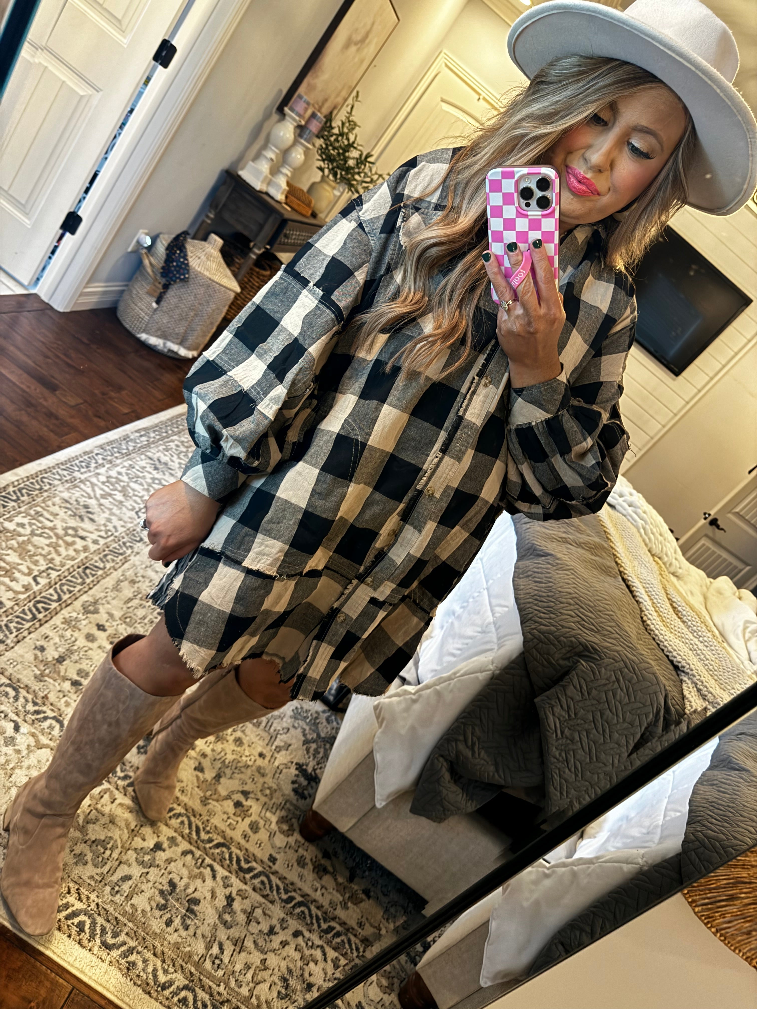 BLACK TAUPE PLAID TUNIC DRESS P12