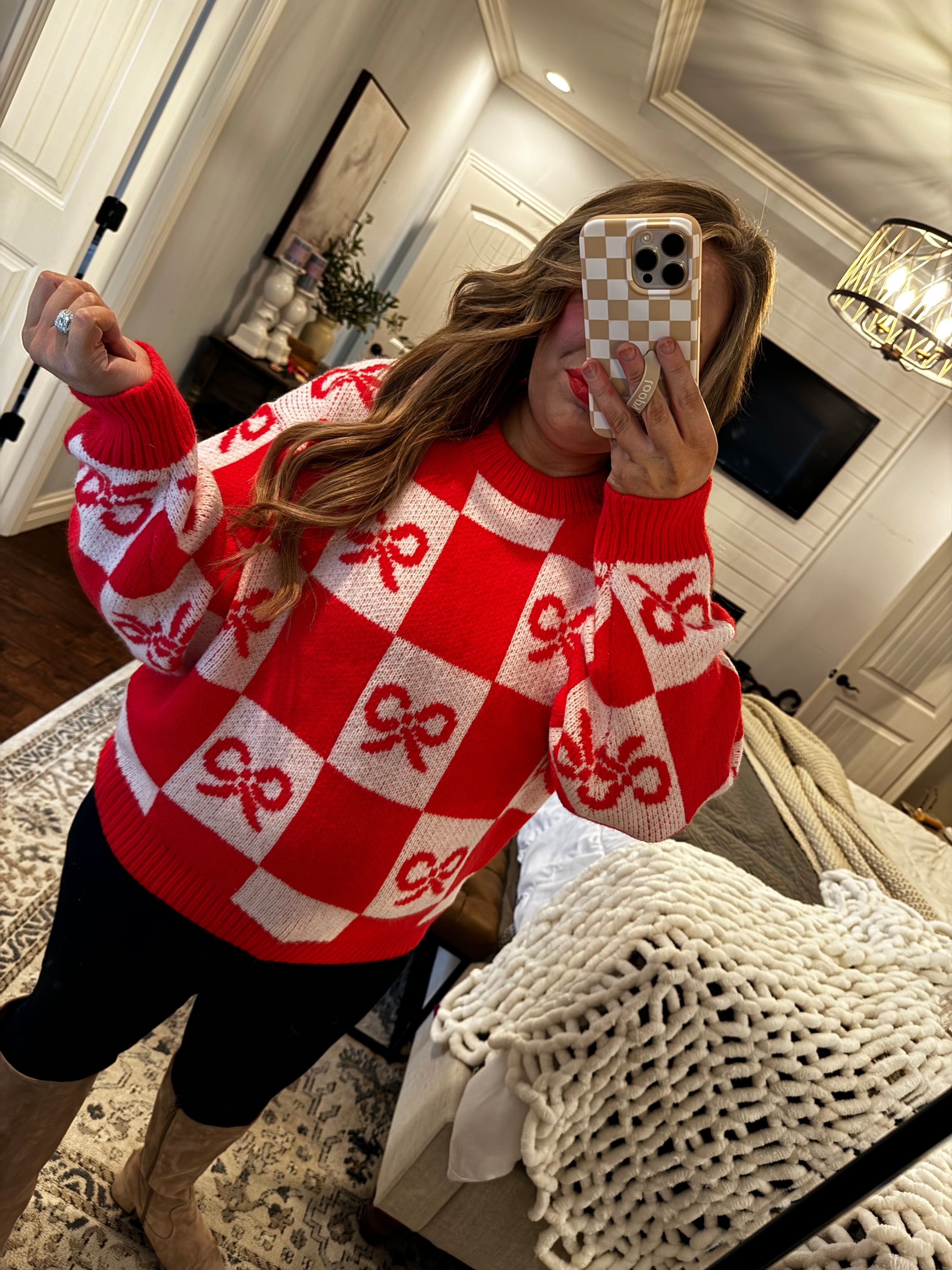 RED CHECKERED BOW SWEATER 6W