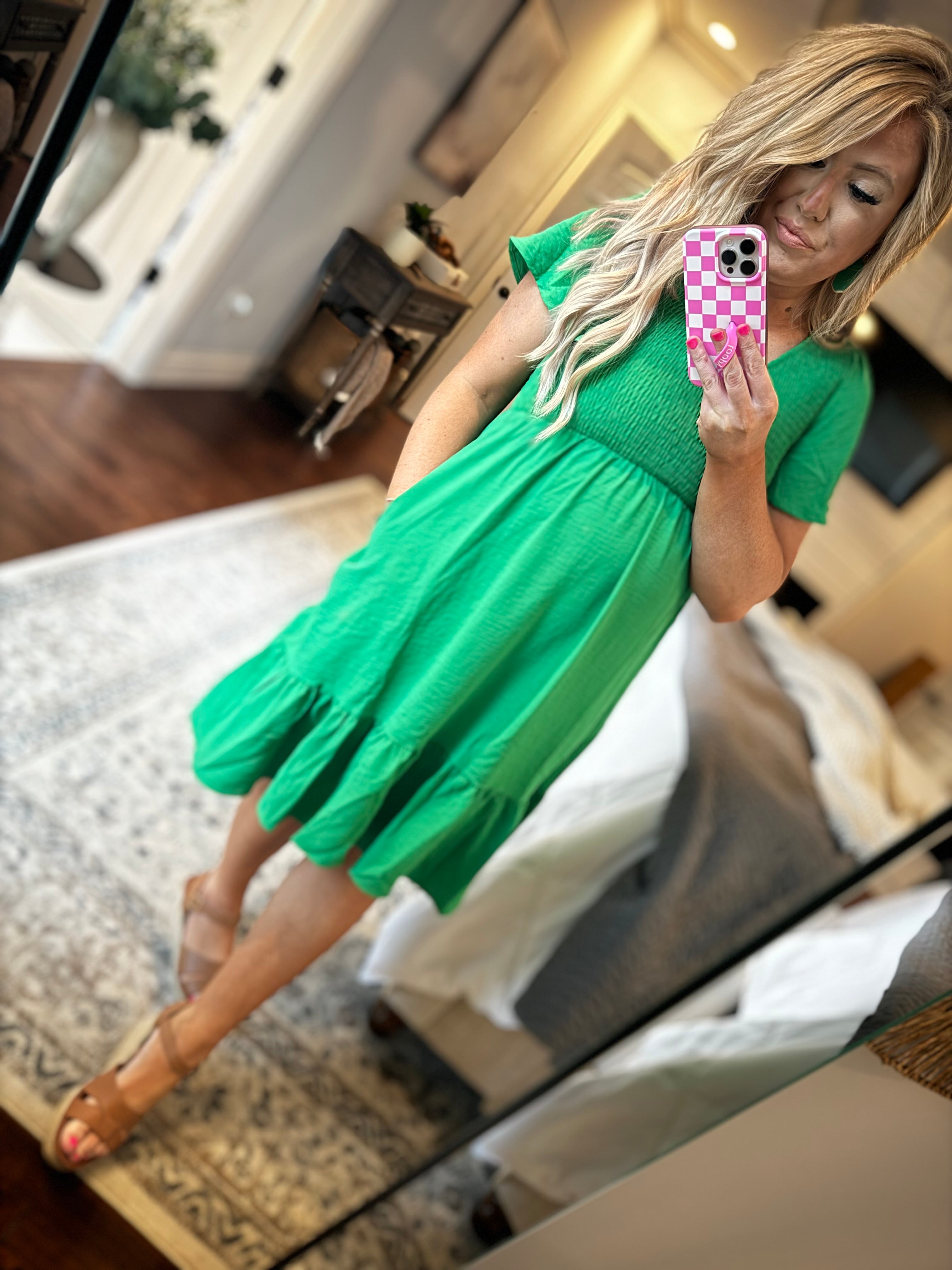 GREEN SMOCKED DRESS