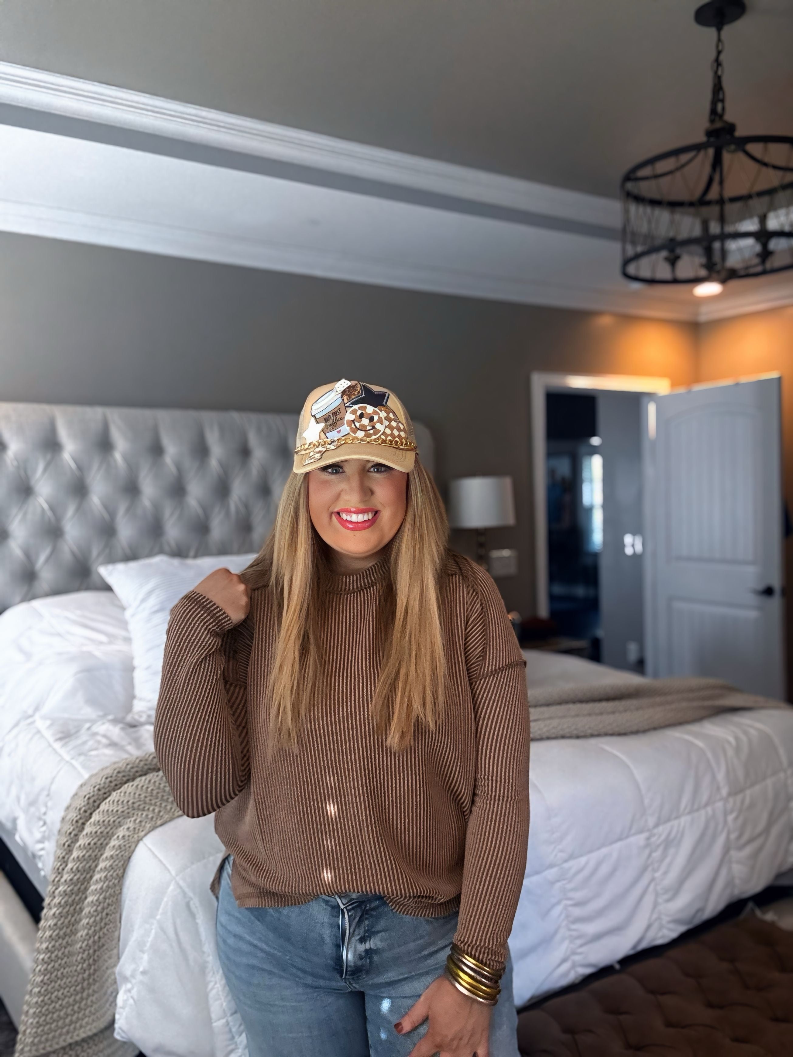 BROWN RIBBED LONG SLEEVE TOP 21N