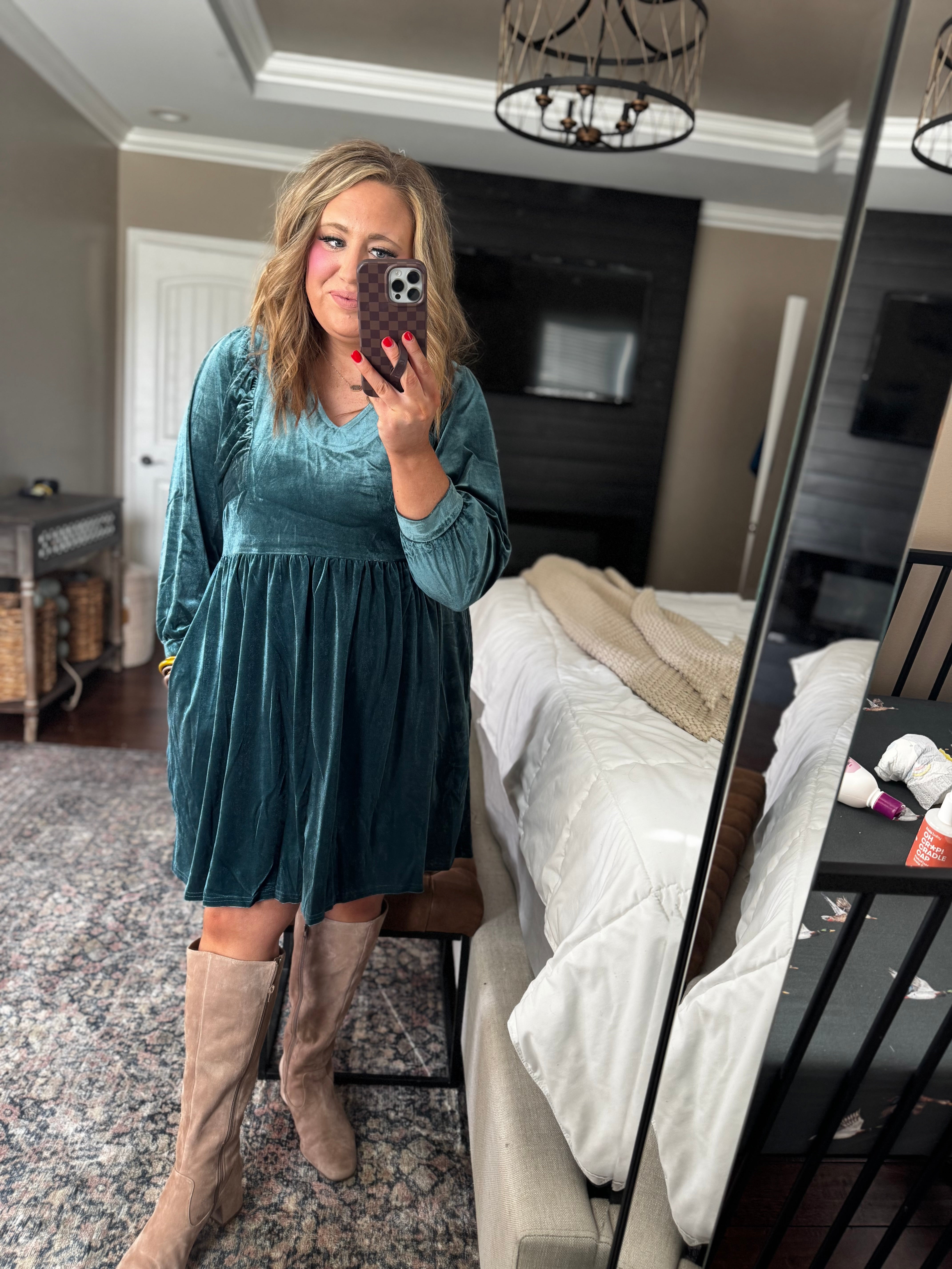 DOORBUSTER EASEL TEAL GREEN V-NECK DRESS S23