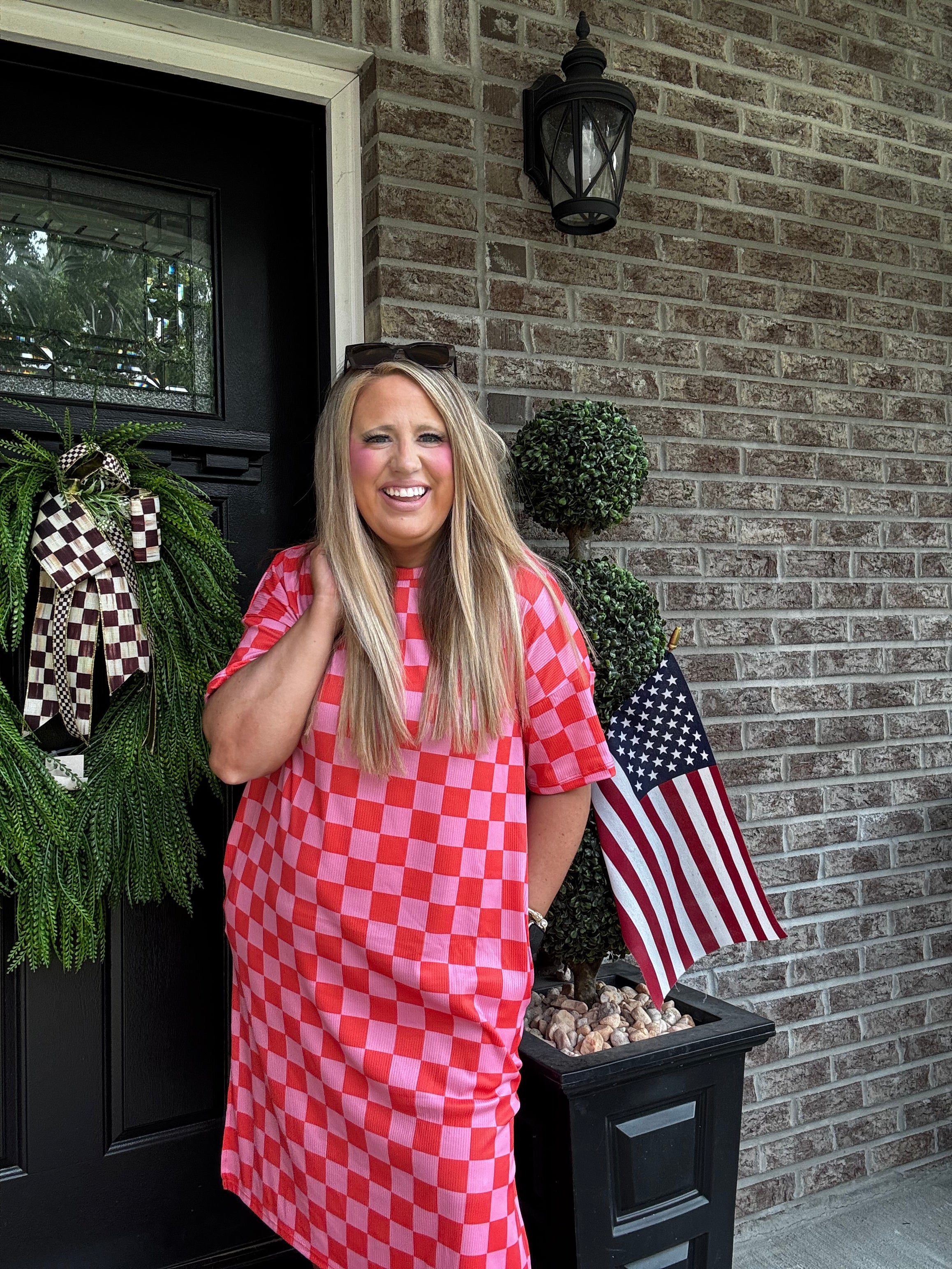 RED PINK CHECKERED DRESS L5