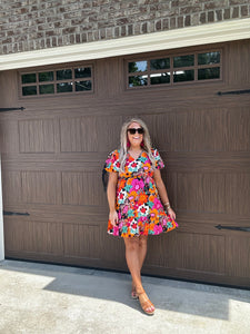 MULTI ORANGE/ PINK/ BLACK FLORAL DRESS