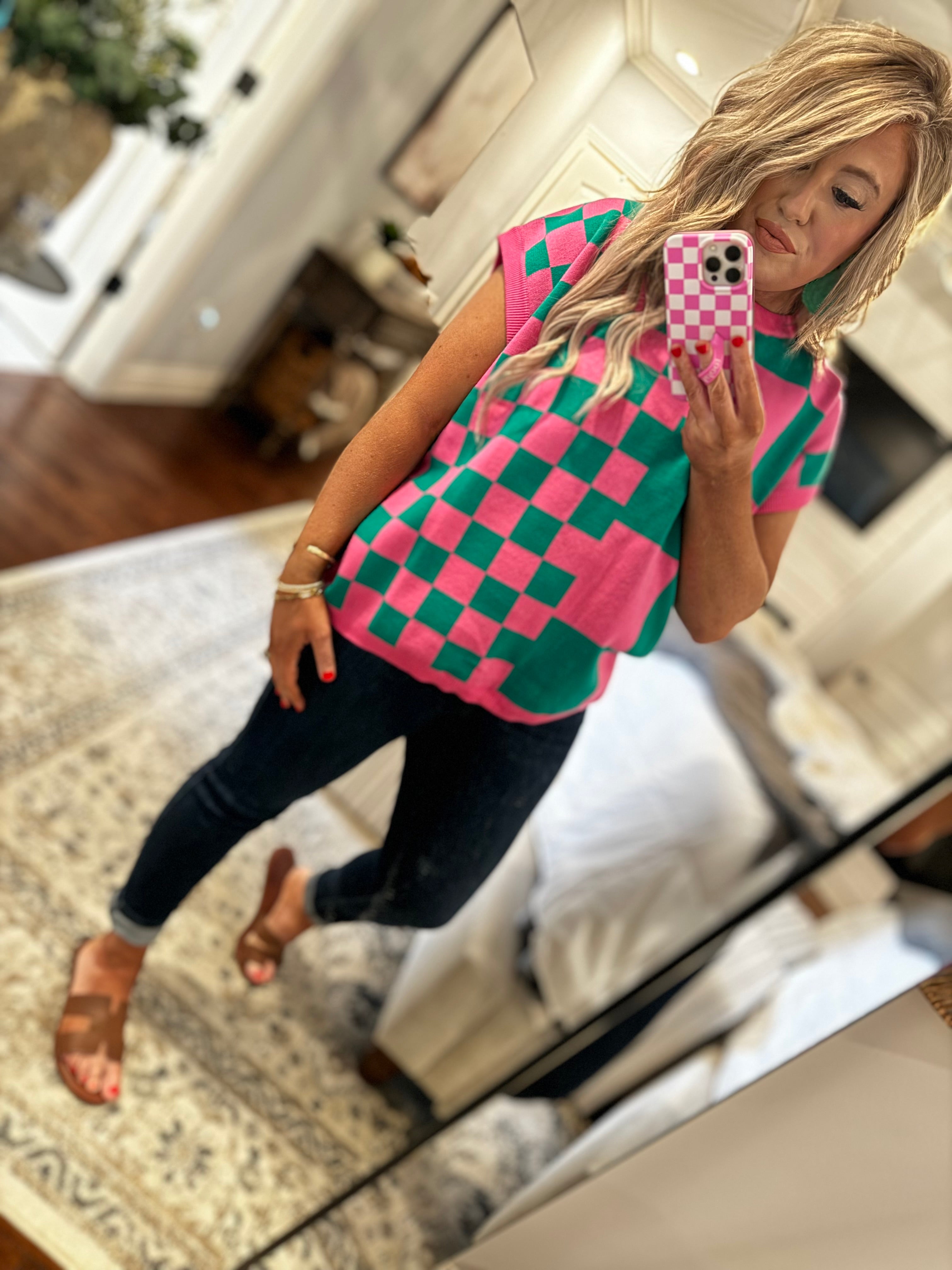 GREEN/PINK  SHORT SLEEVE SWEATER SHIRT