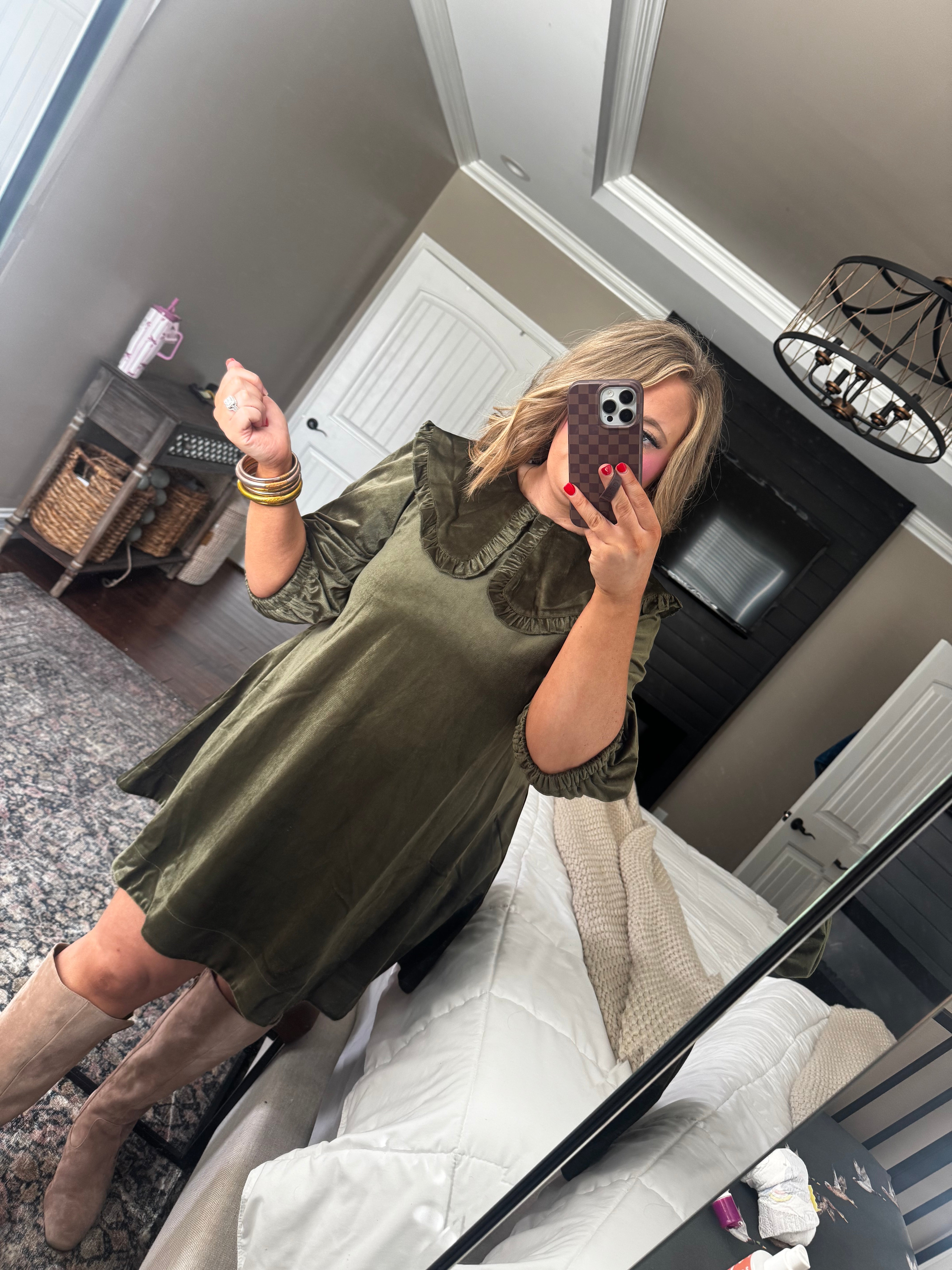 DOORBUSTER OLIVE VELVET RUFFLE  DRESS S27