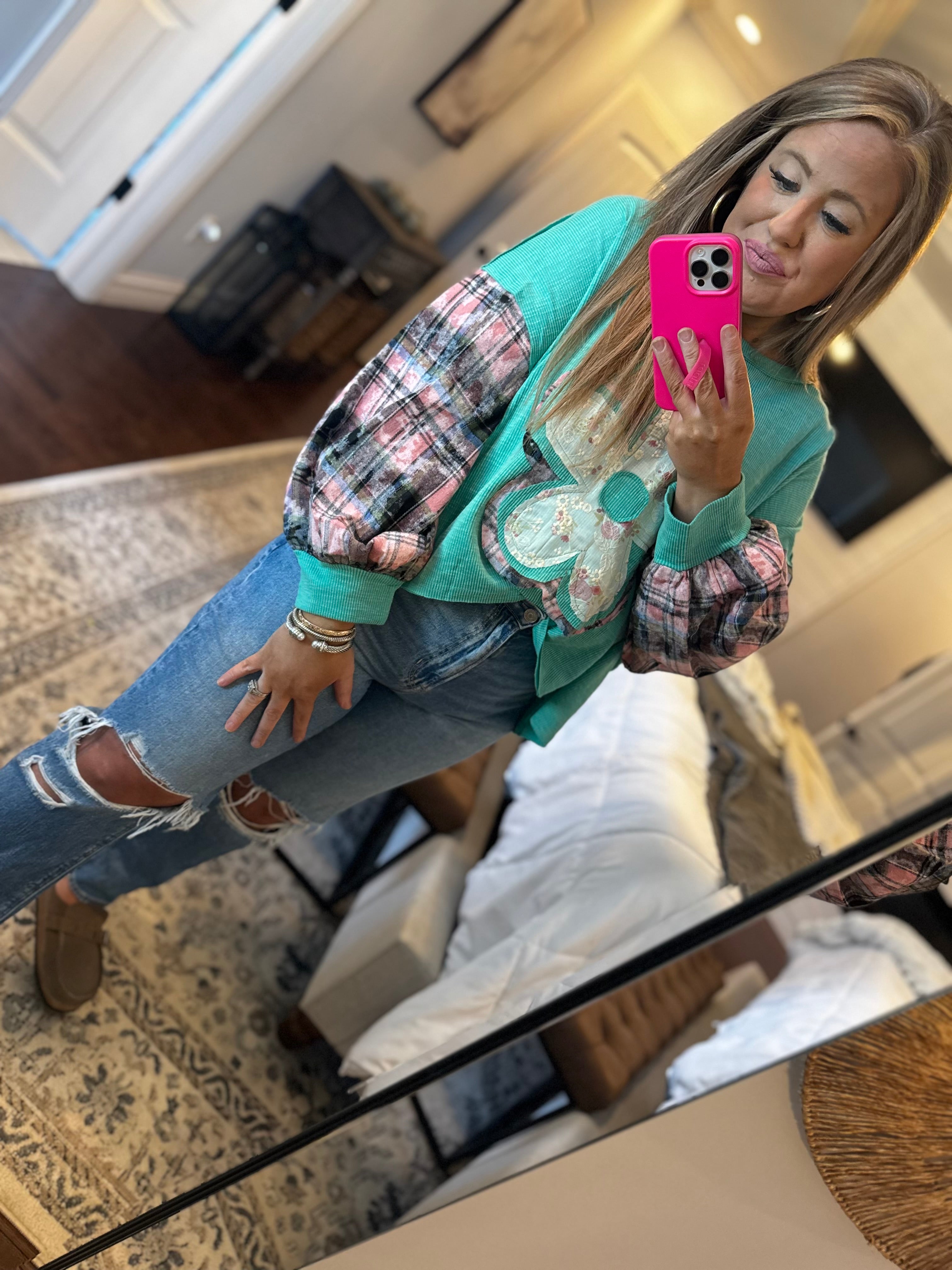 MINT GREEN FLORAL POL TOP 9A