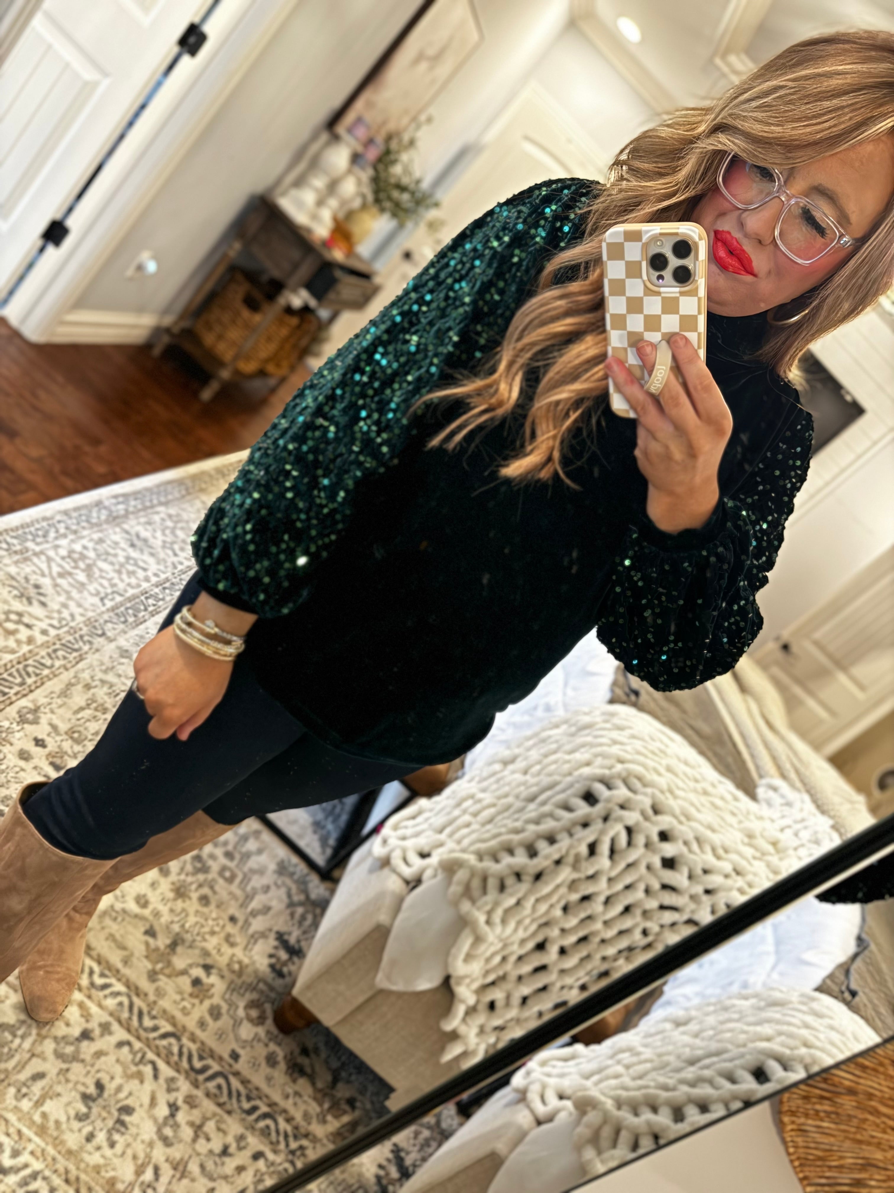 HUNTER GREEN VELVET SEQUIN TOP 18W