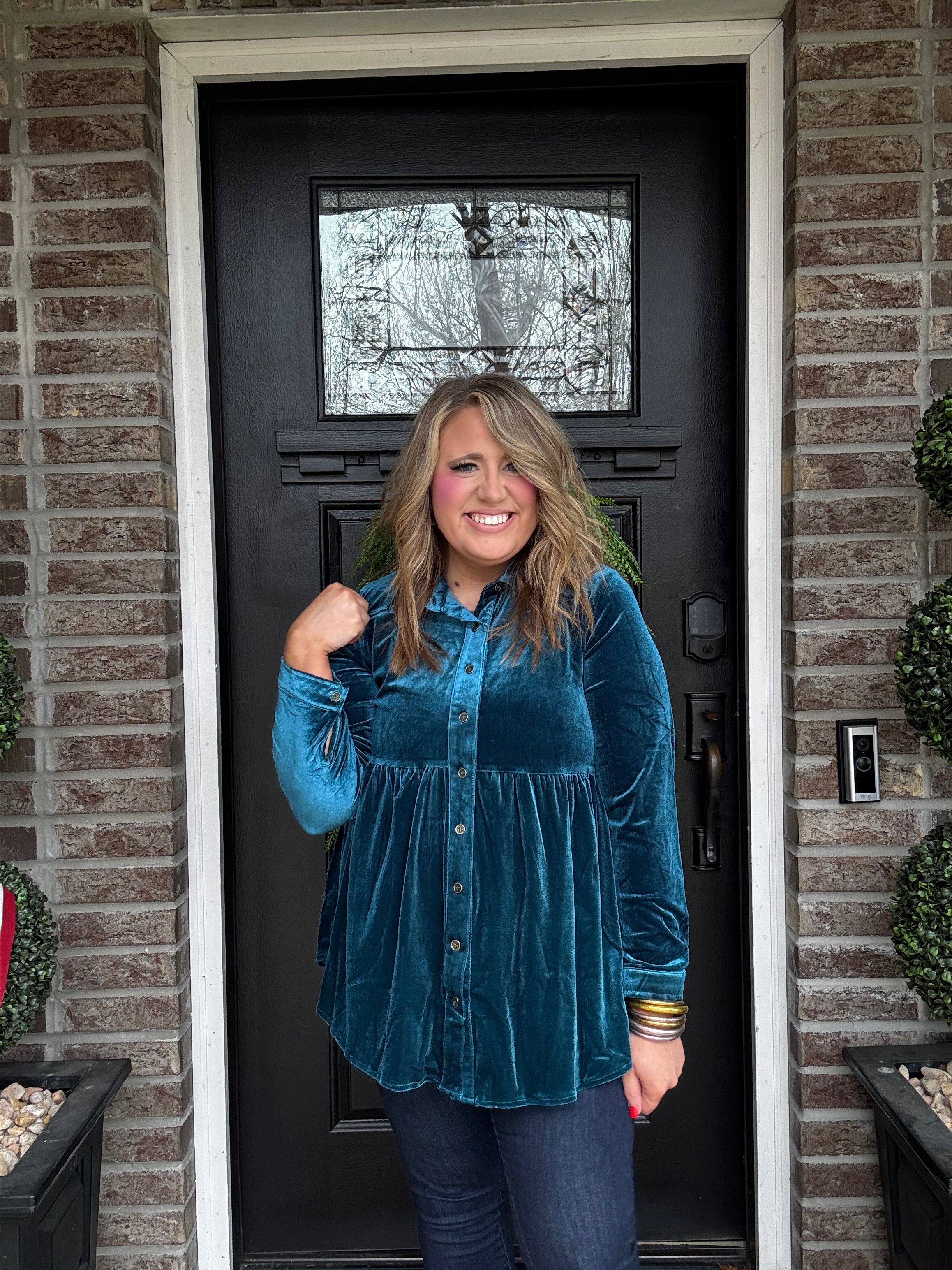 DOORBUSTER TEAL VELVET  BUTTON TOP S21