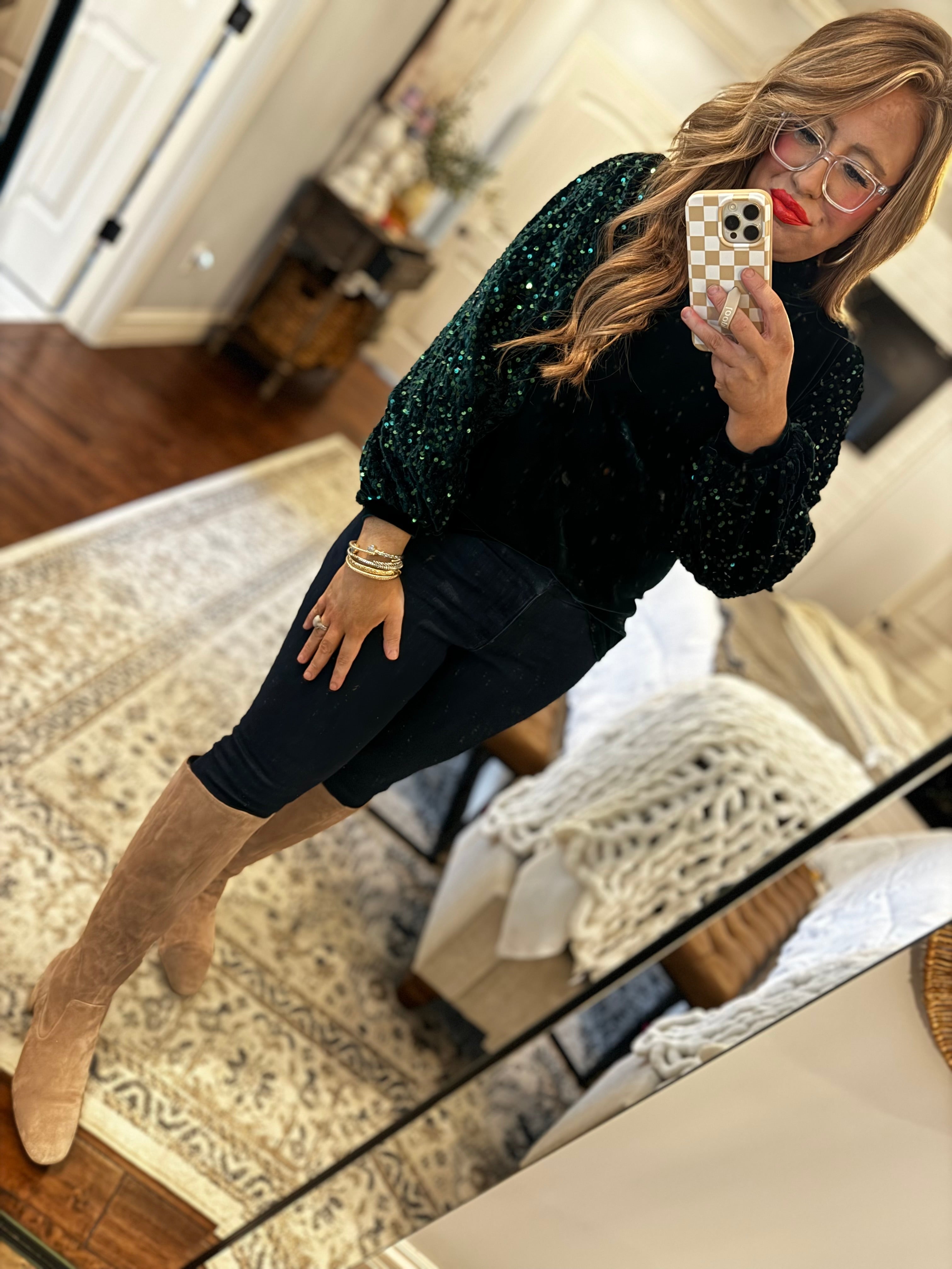 HUNTER GREEN VELVET SEQUIN TOP 18W