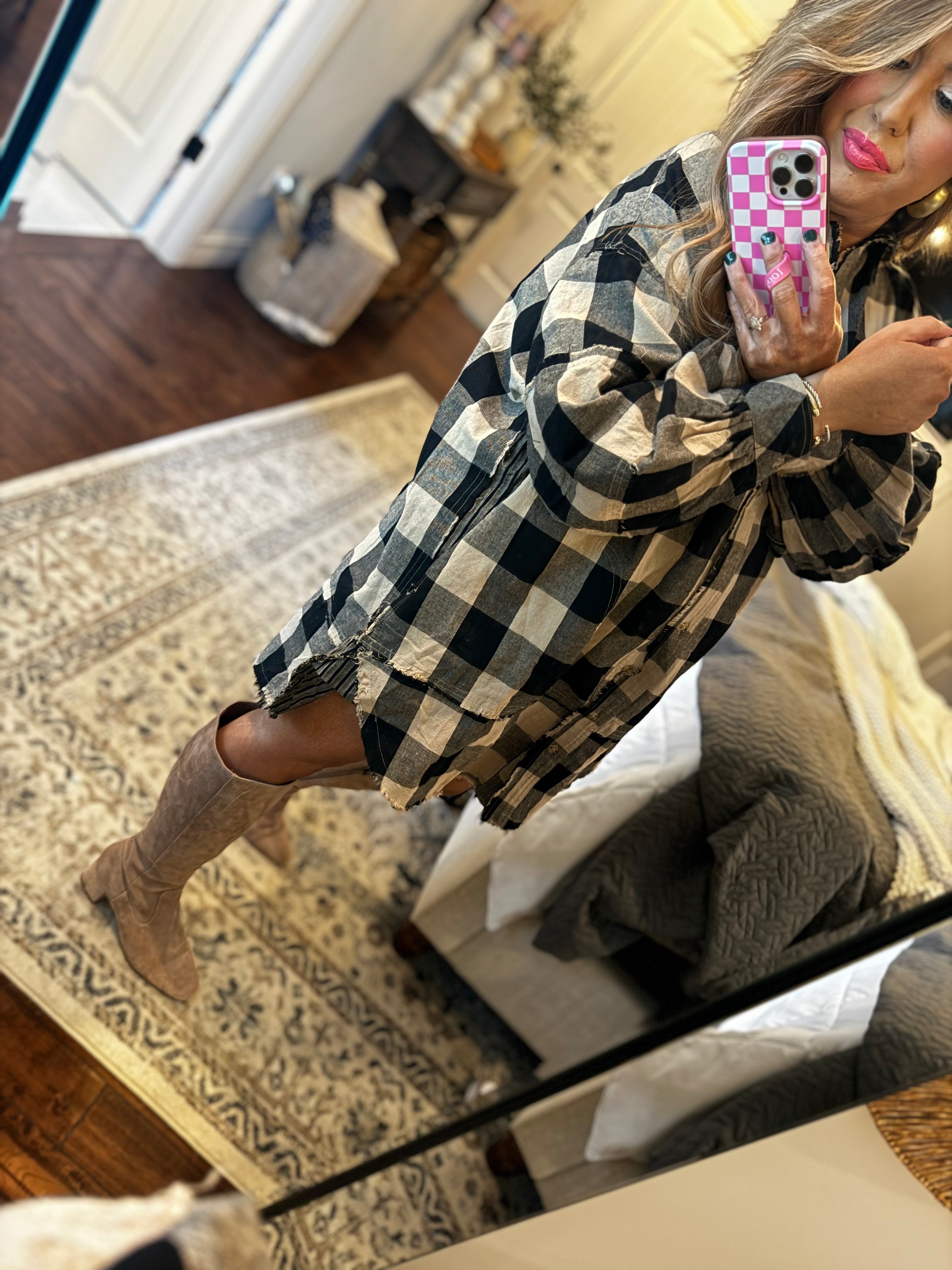 BLACK TAUPE PLAID TUNIC DRESS P12