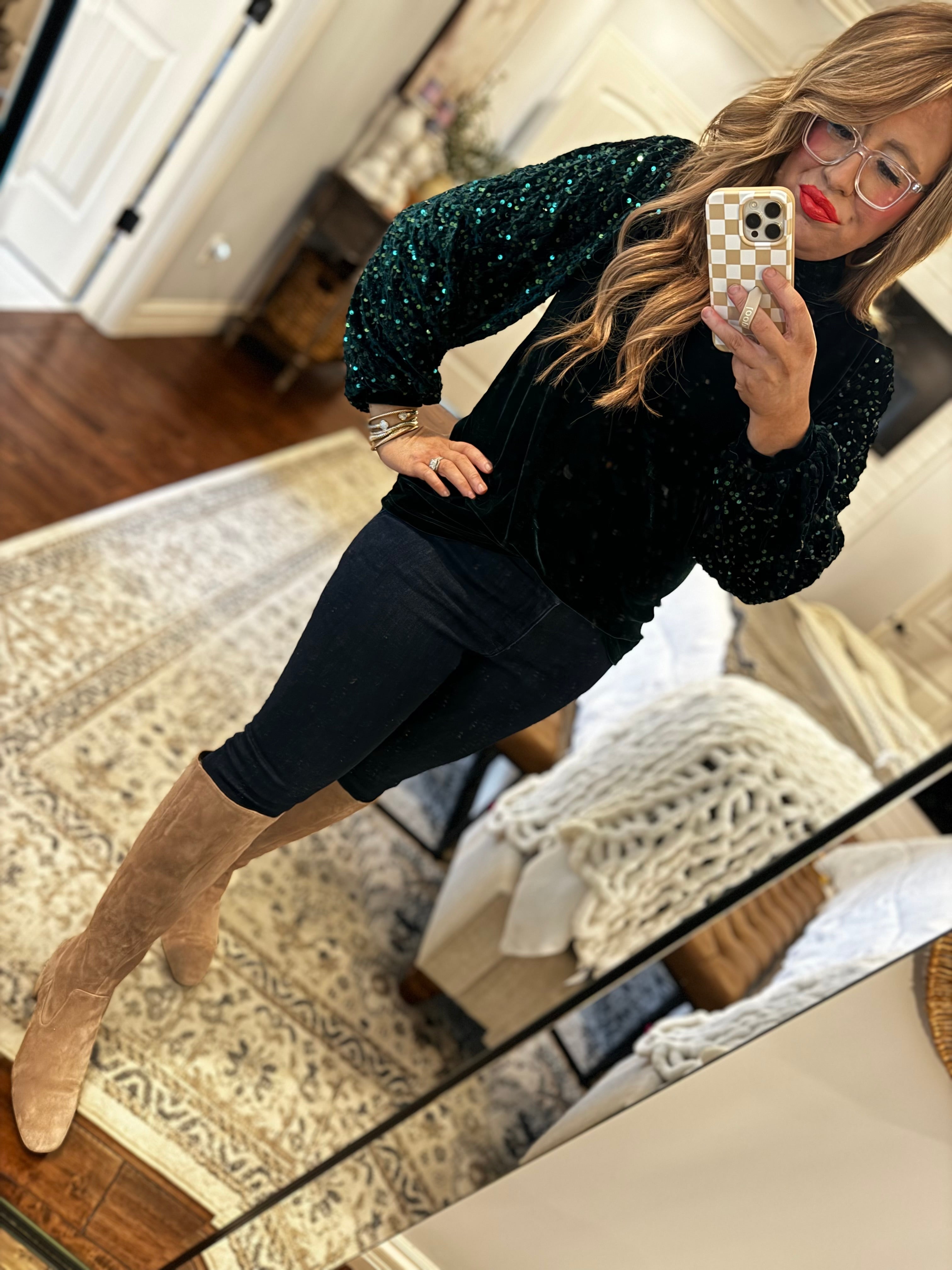 HUNTER GREEN VELVET SEQUIN TOP 18W