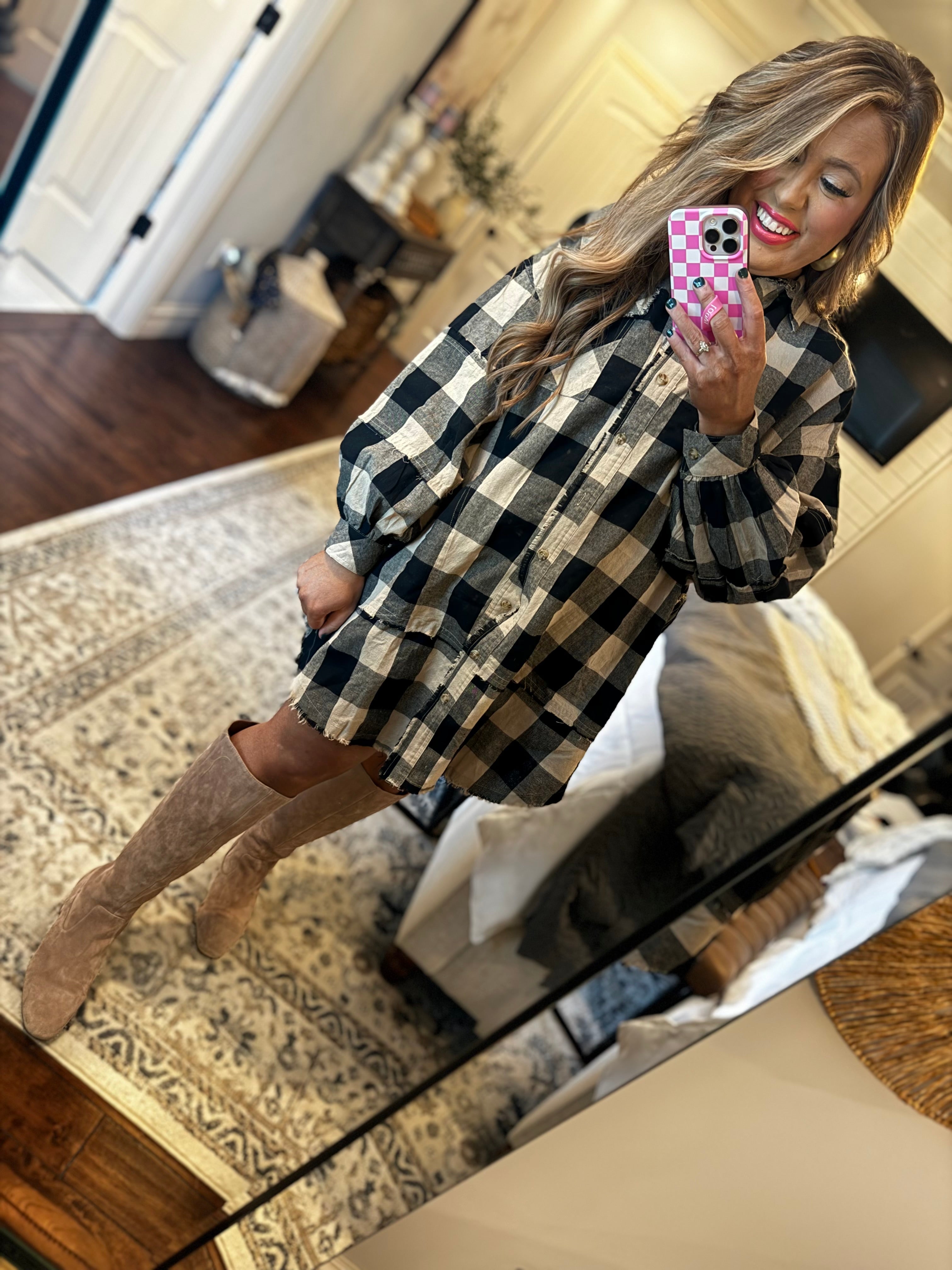 BLACK TAUPE PLAID TUNIC DRESS P12