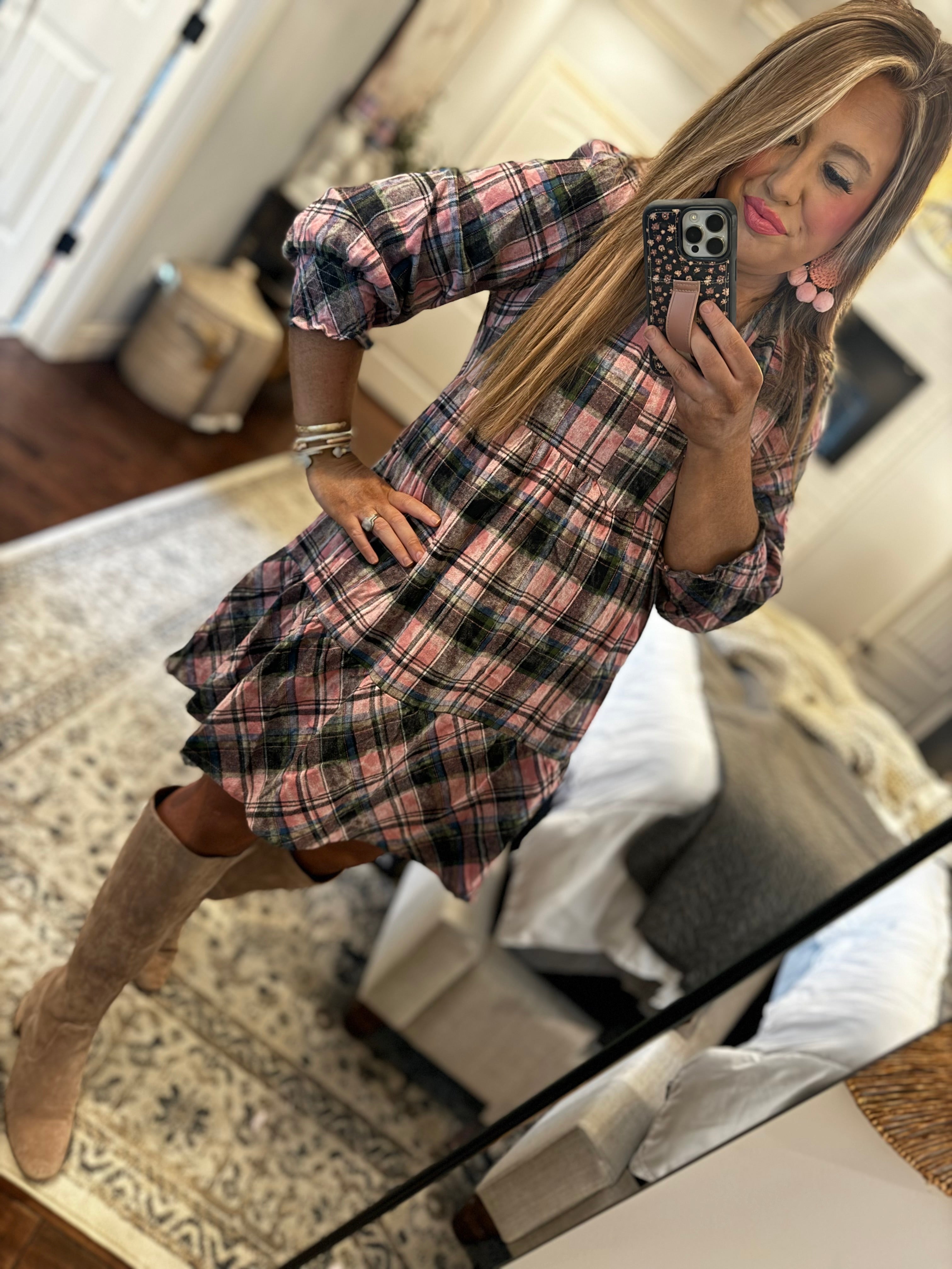 PINK PLAID TUNIC DRESS 24V