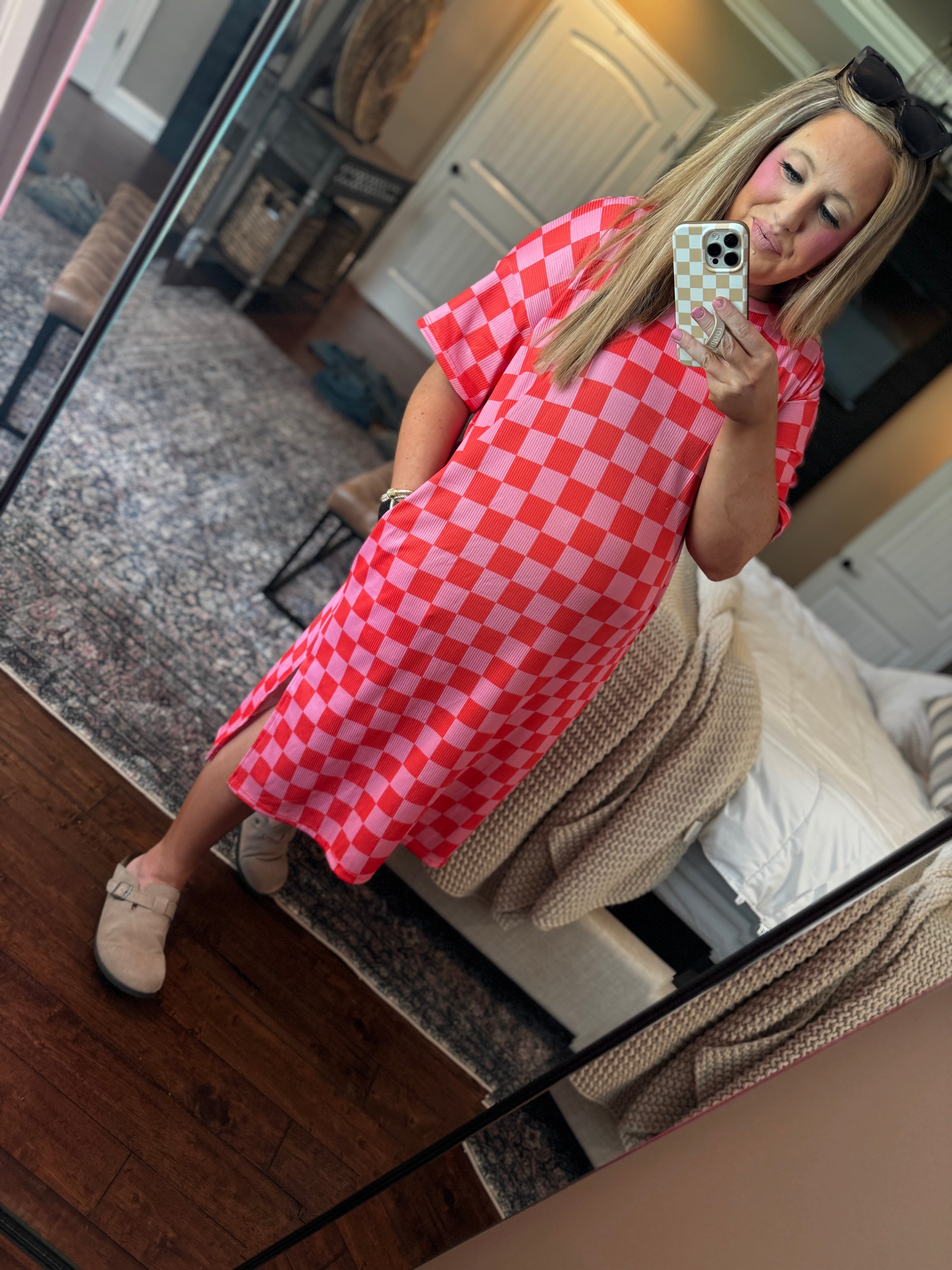 RED PINK CHECKERED DRESS L5