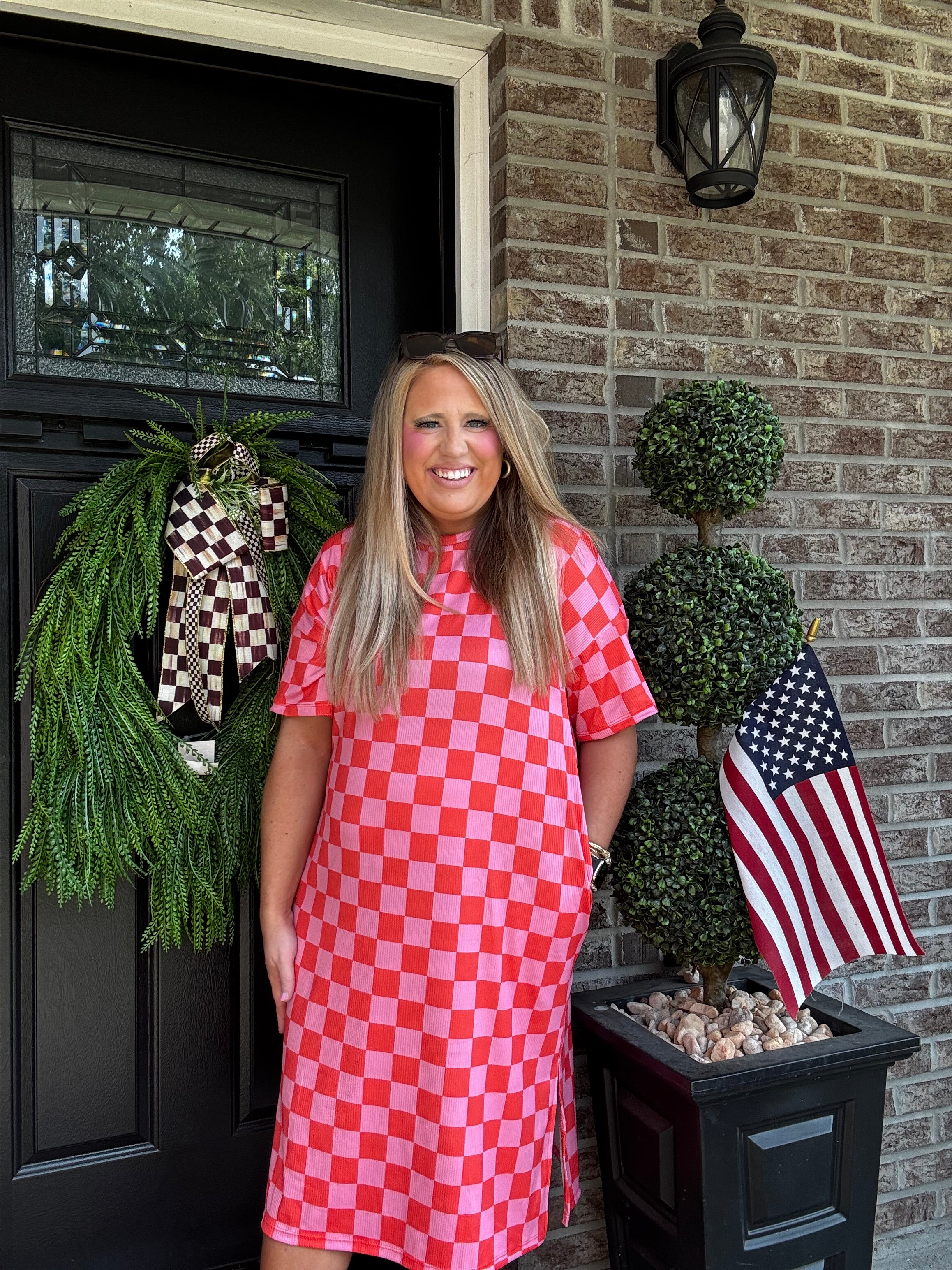 RED PINK CHECKERED DRESS L5