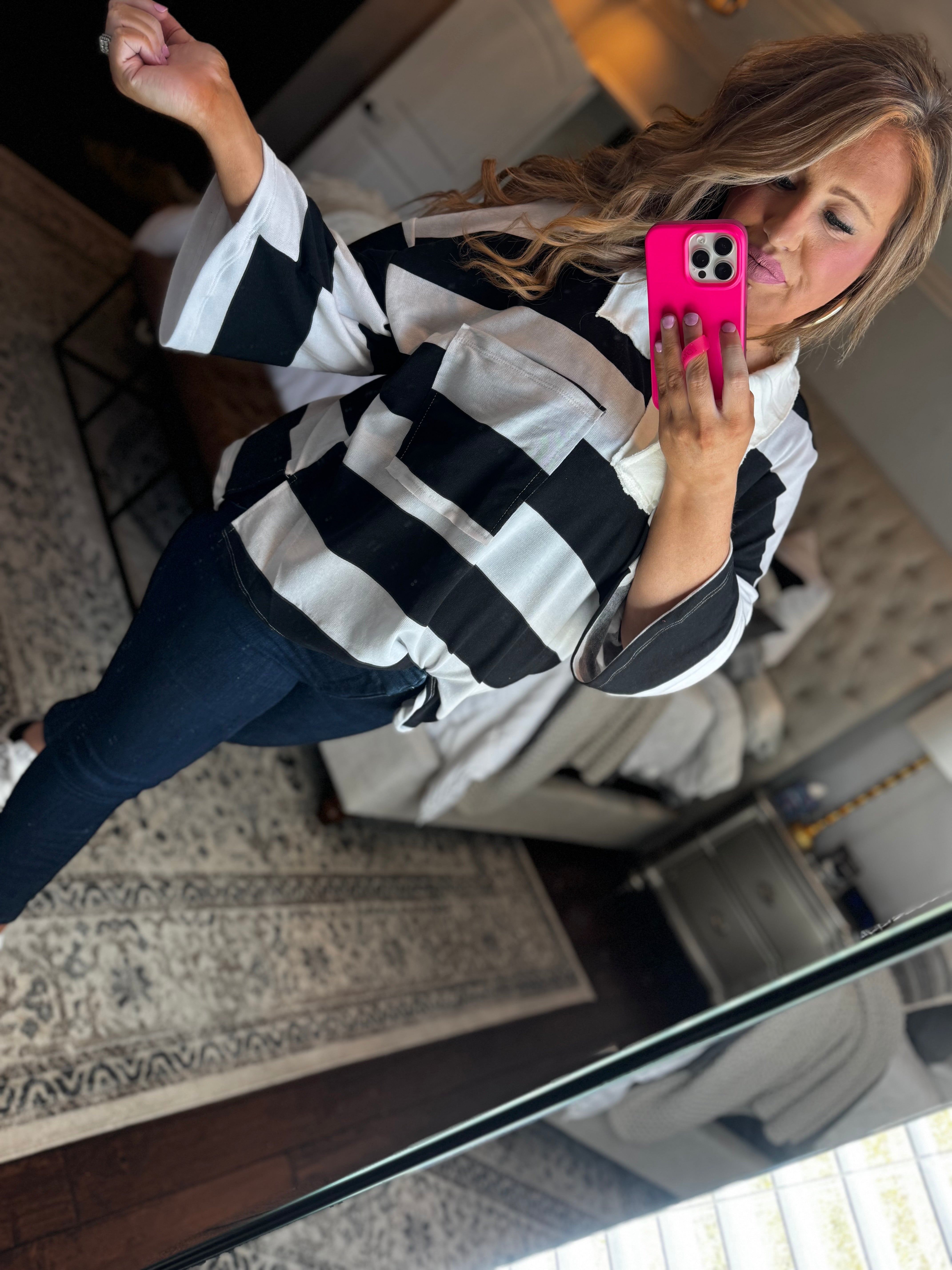 SLOUCHY BLACK STRIPE COLLARED TOP 10C