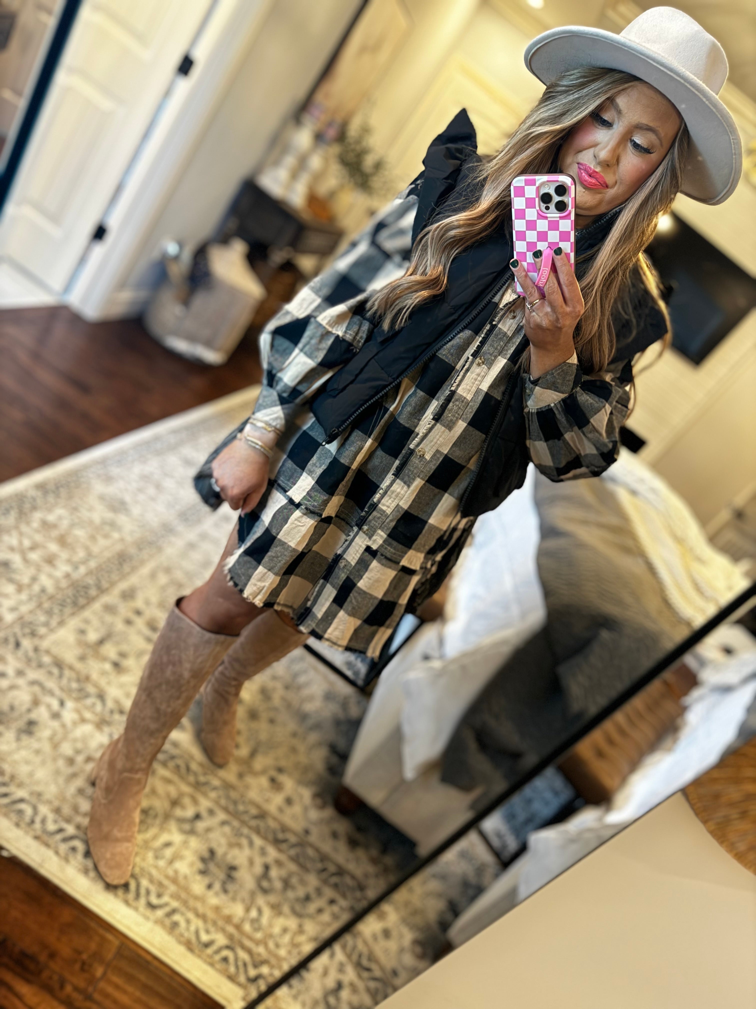 BLACK TAUPE PLAID TUNIC DRESS P12