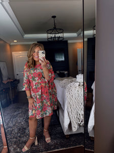 CURVY CORAL GREEN FLORAL DRESS *