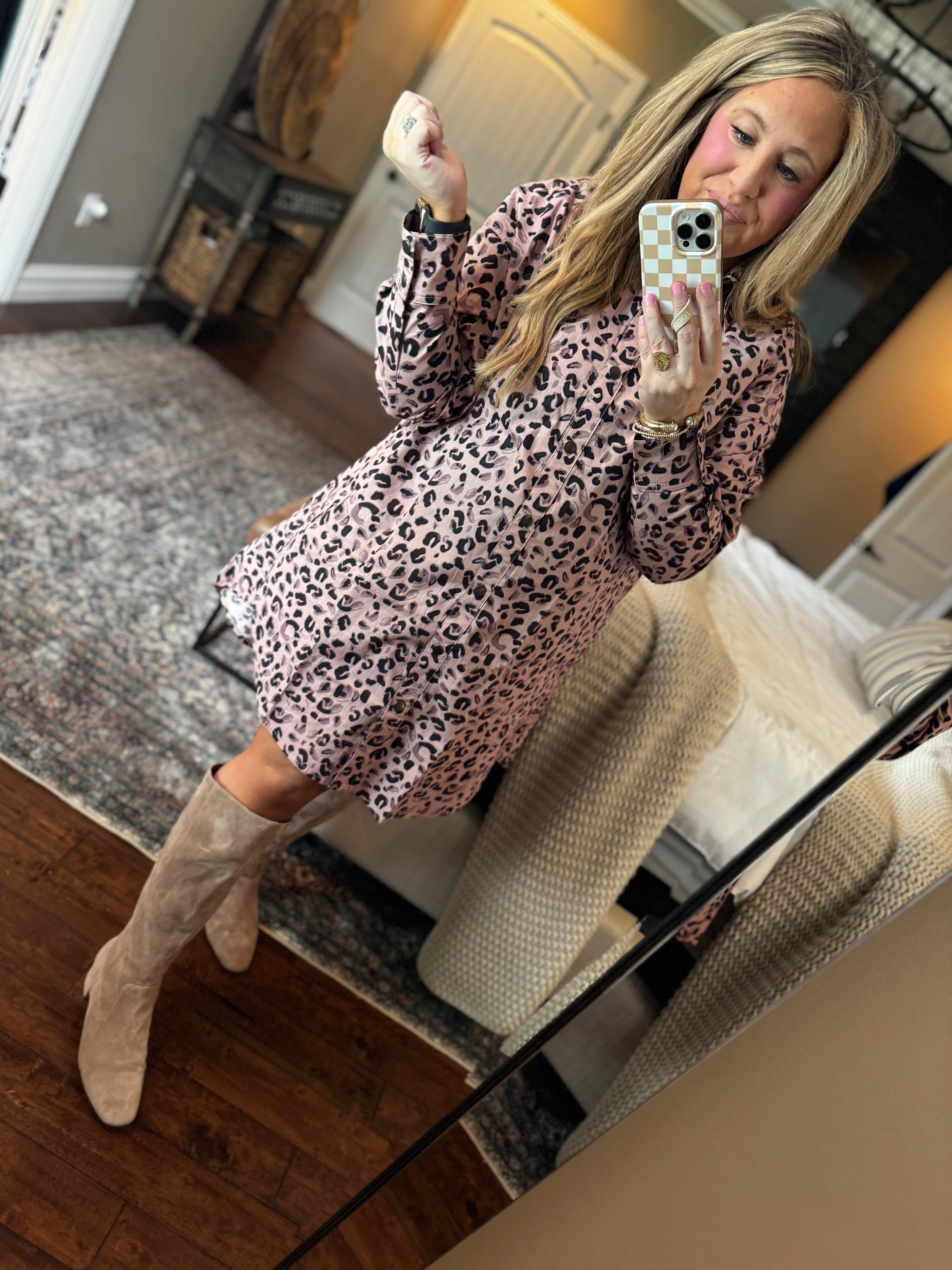 MAUVE ANIMAL PRINT BUTTON UP DRESS J4