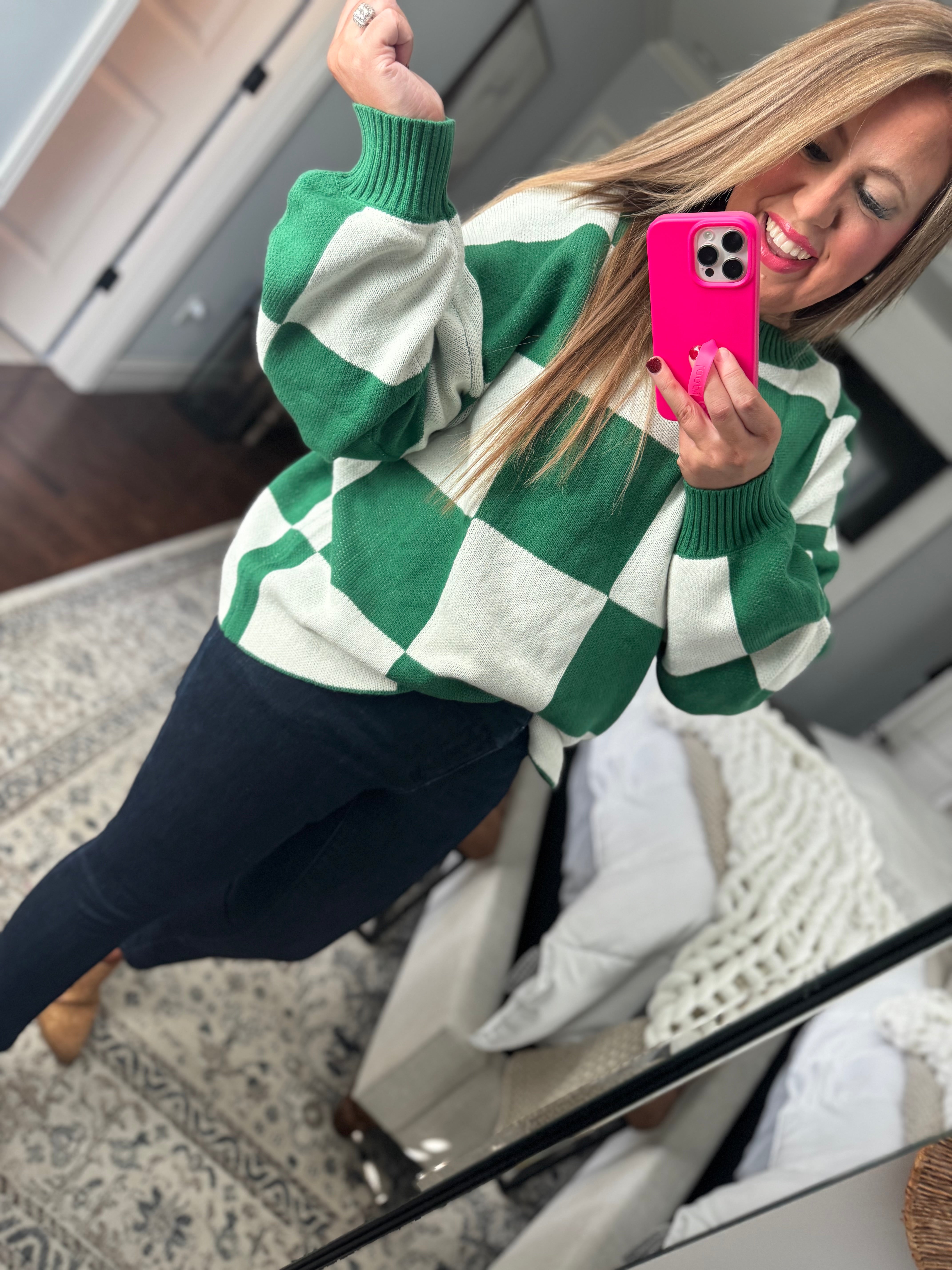 WHITE/GREEN PLAID SWEATER