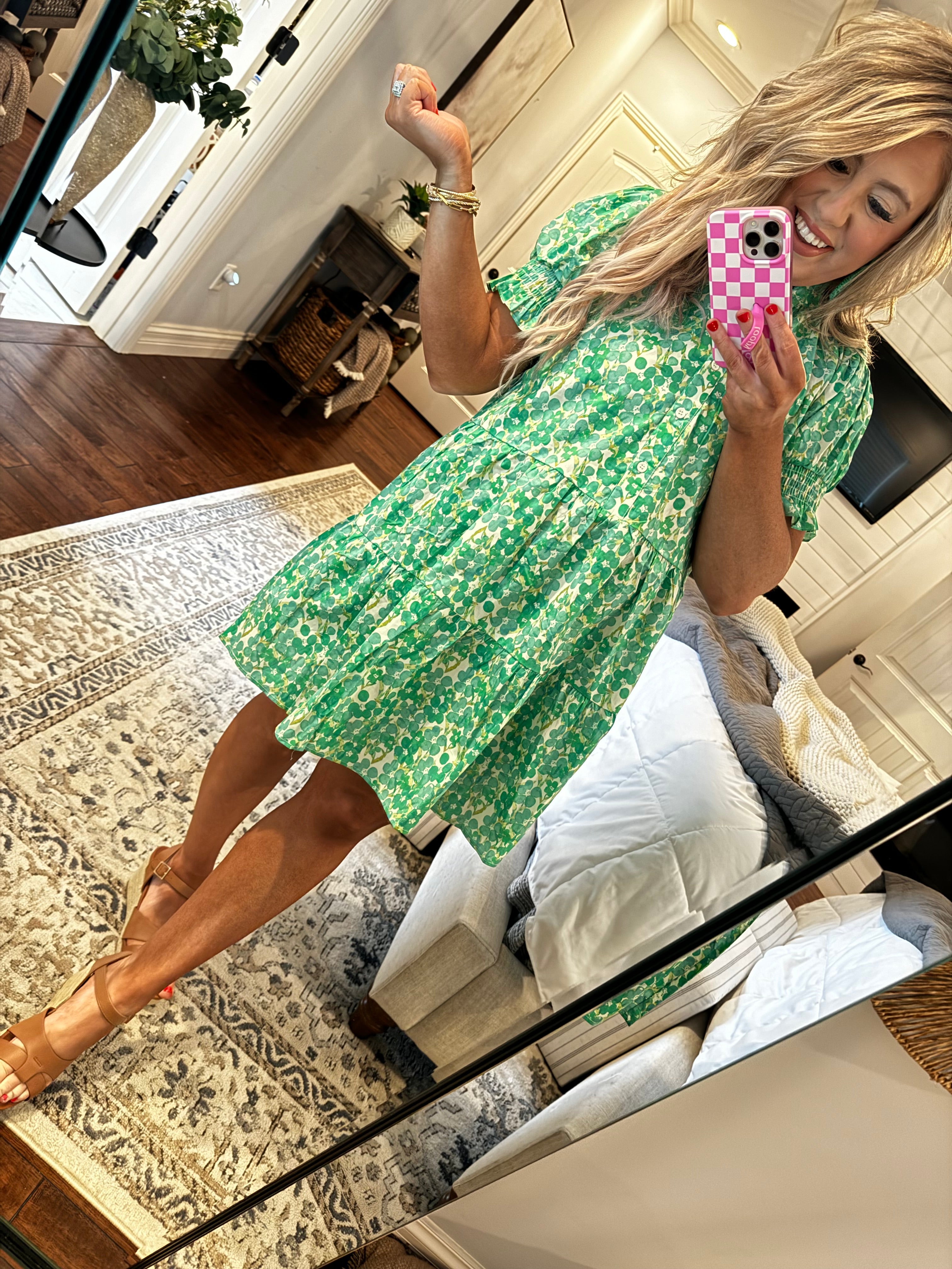 GREEN HALF BUTTON DRESS