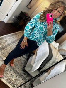 TURQUOISE FLORAL BUTTON TOP 10D