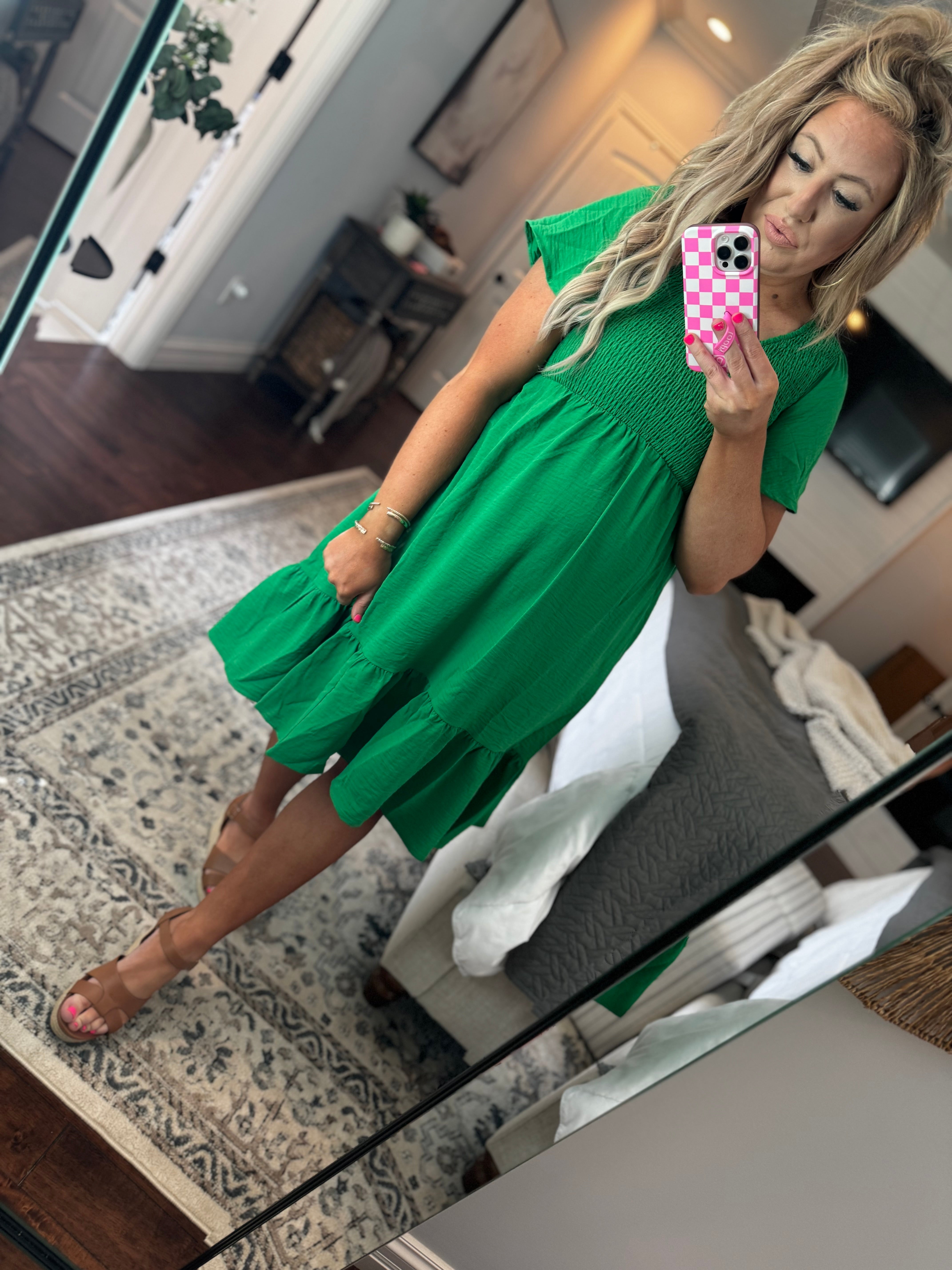 GREEN SMOCKED DRESS