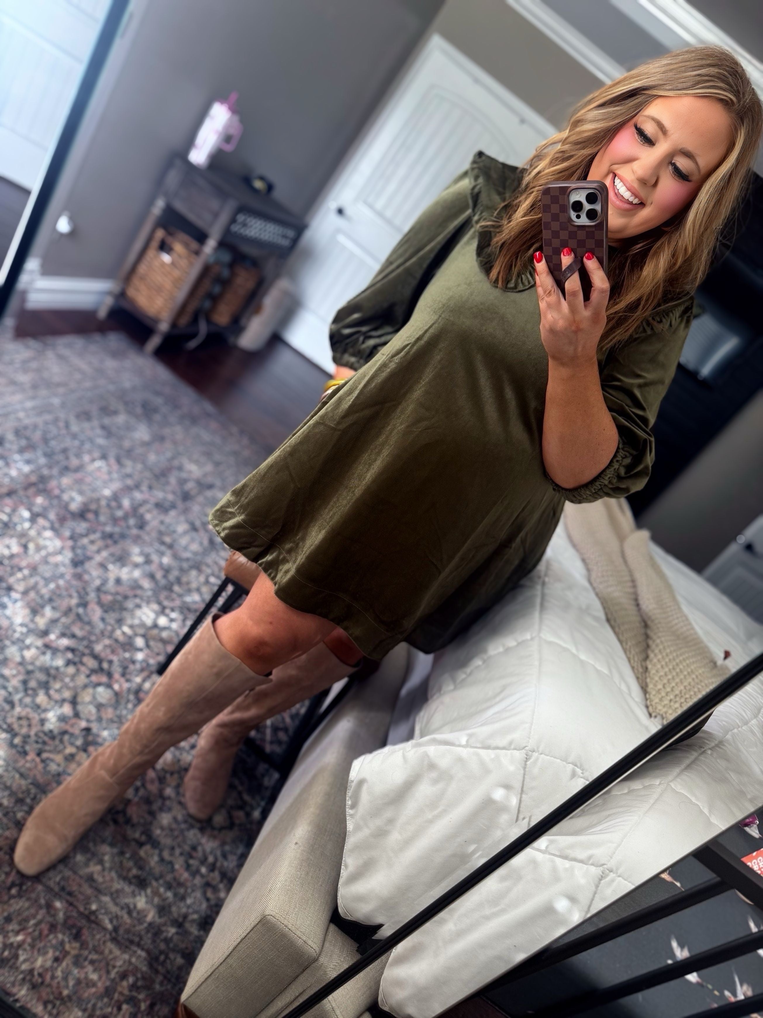 DOORBUSTER OLIVE VELVET RUFFLE  DRESS S27