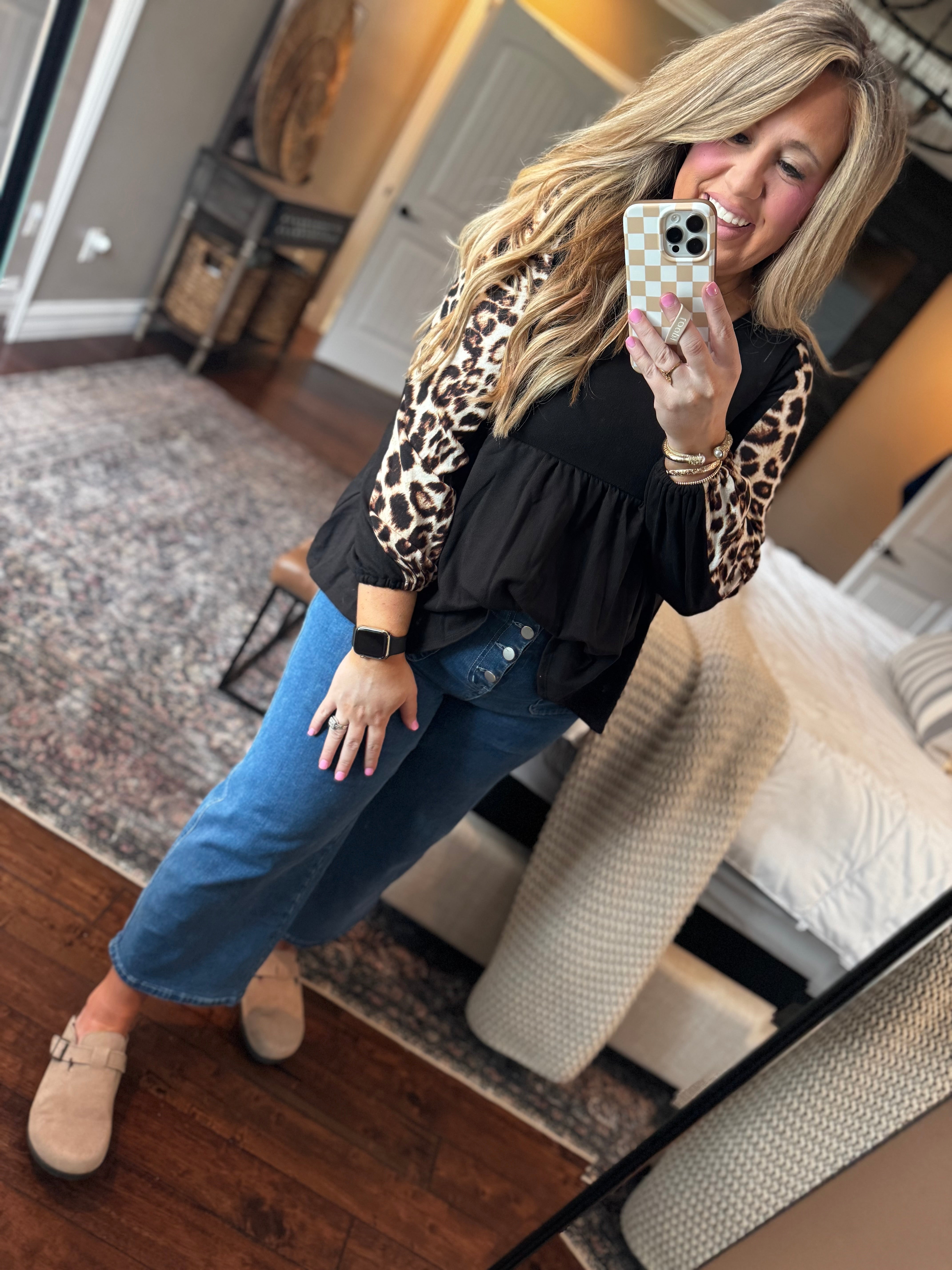 WB LEOPARD BLACK FLOWY TOP - K17