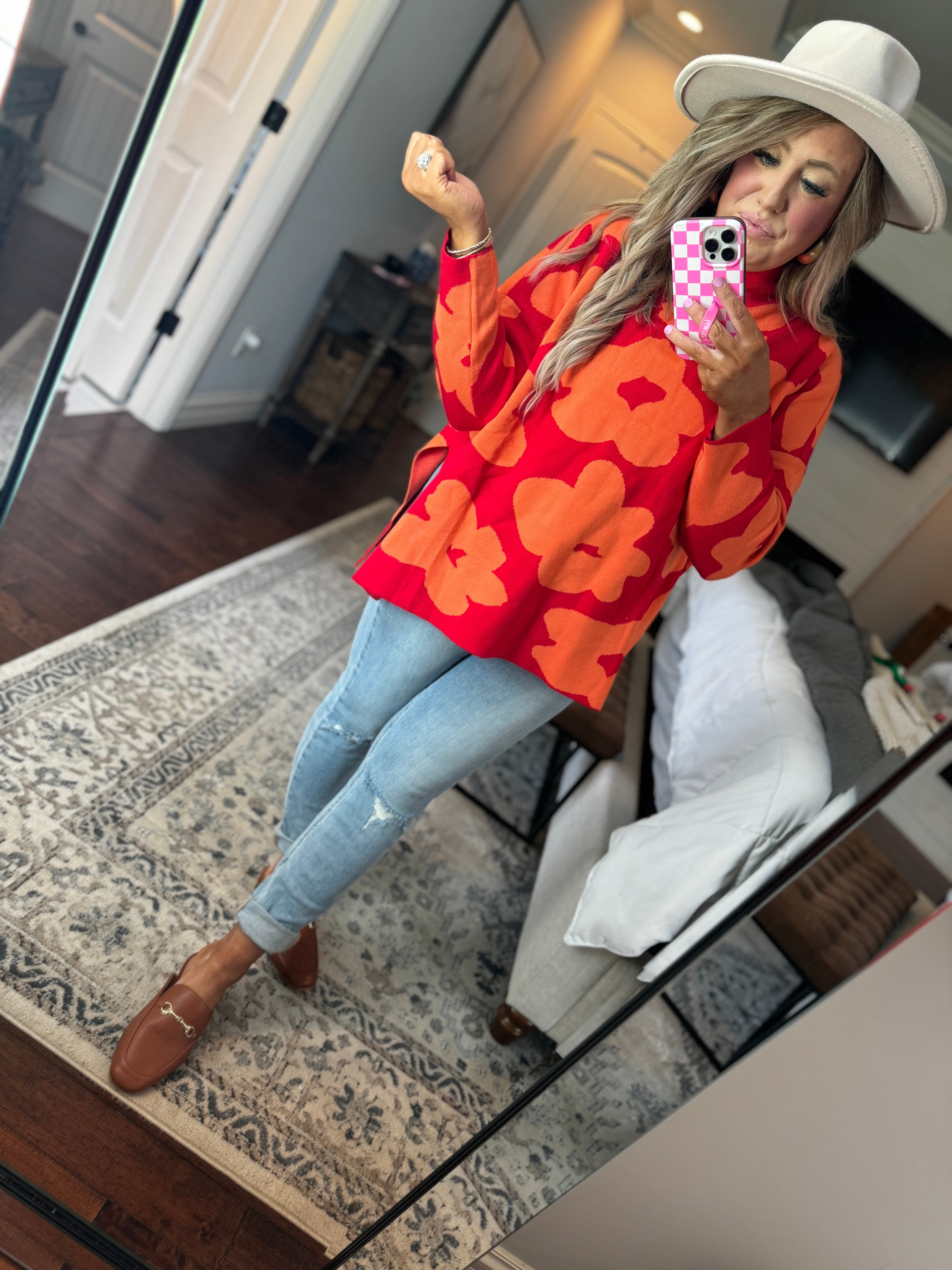 RED/ORANGE FLORAL SWEATER - 25I