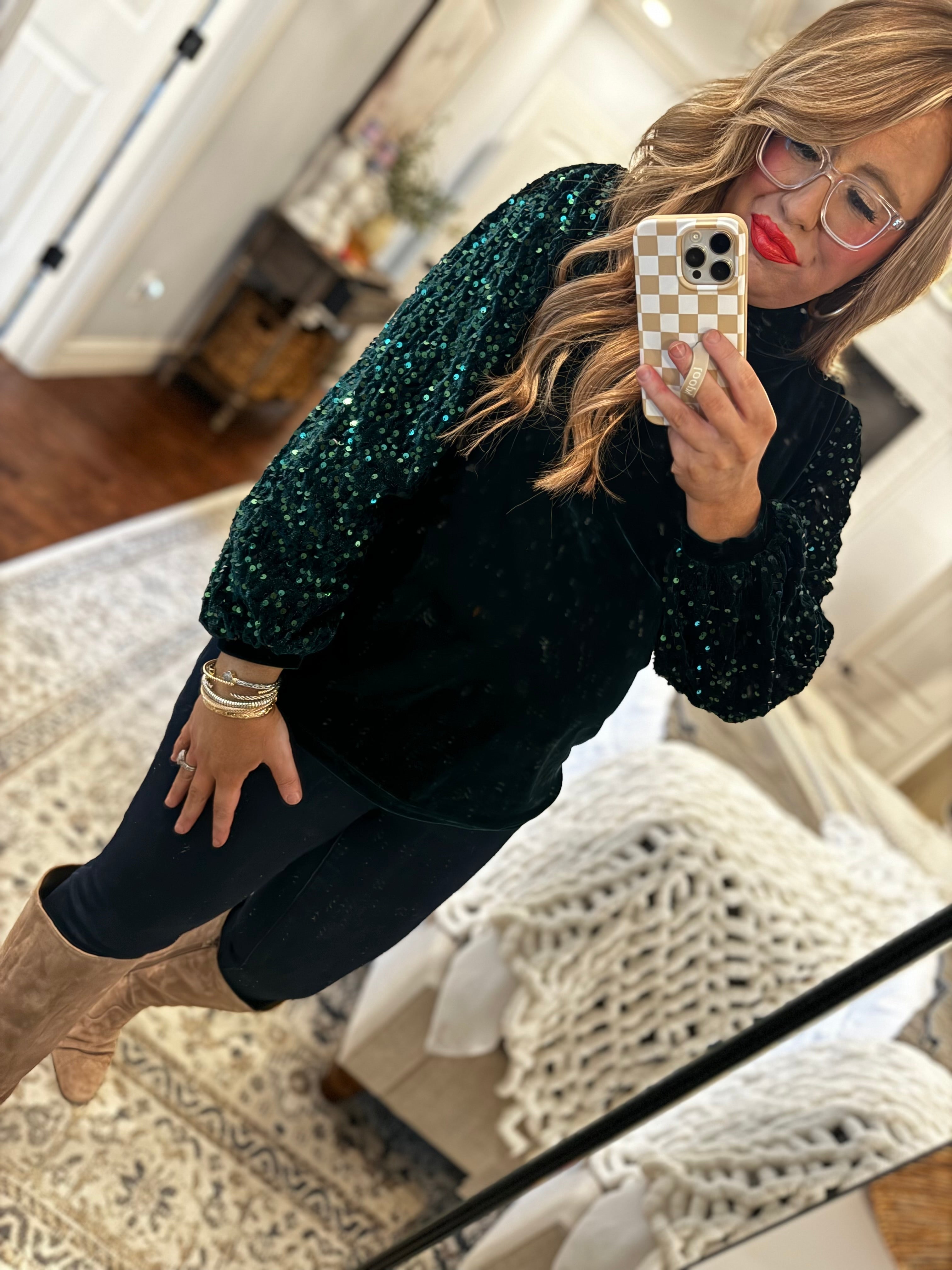 HUNTER GREEN VELVET SEQUIN TOP 18W