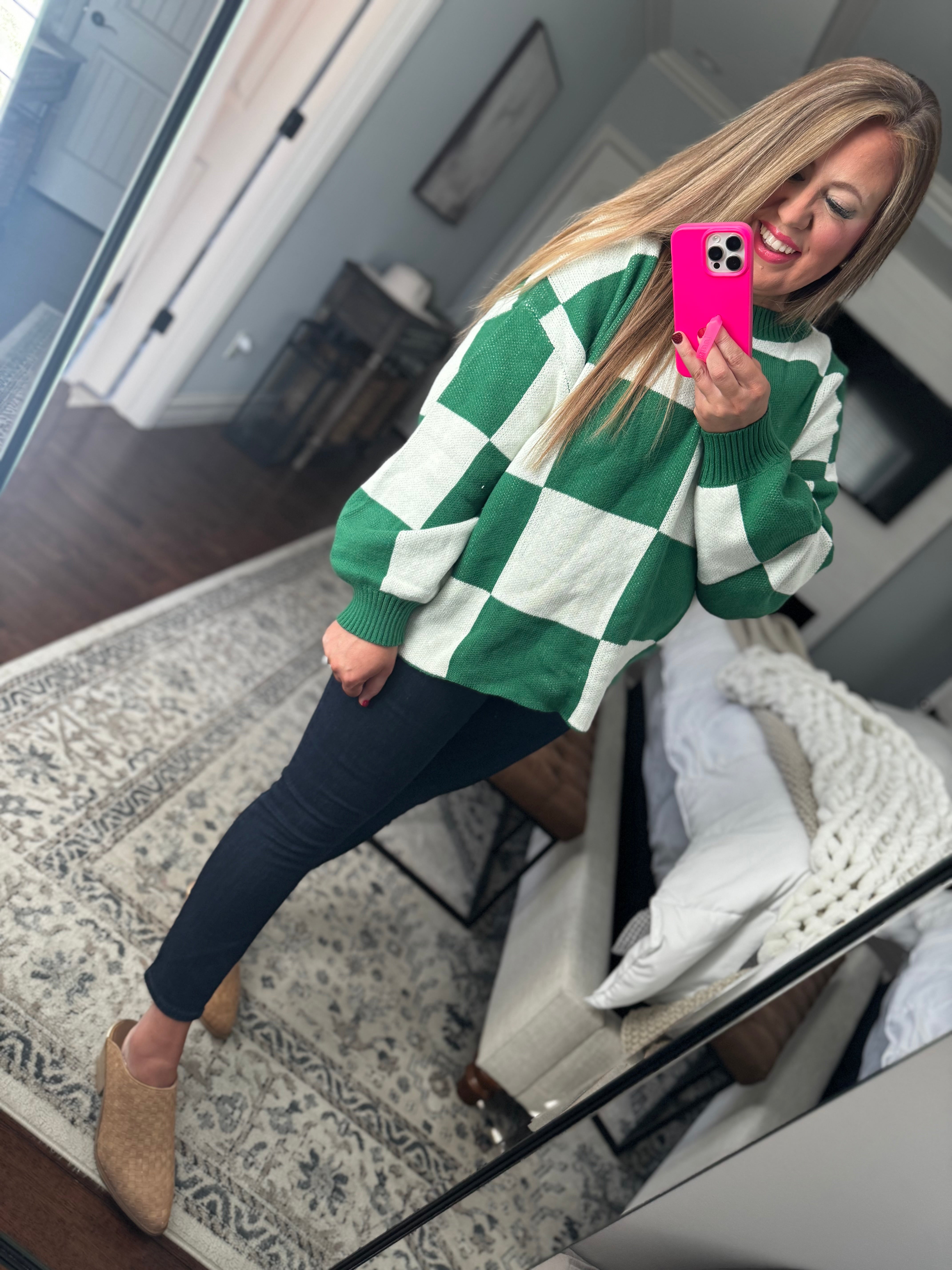 WHITE/GREEN PLAID SWEATER