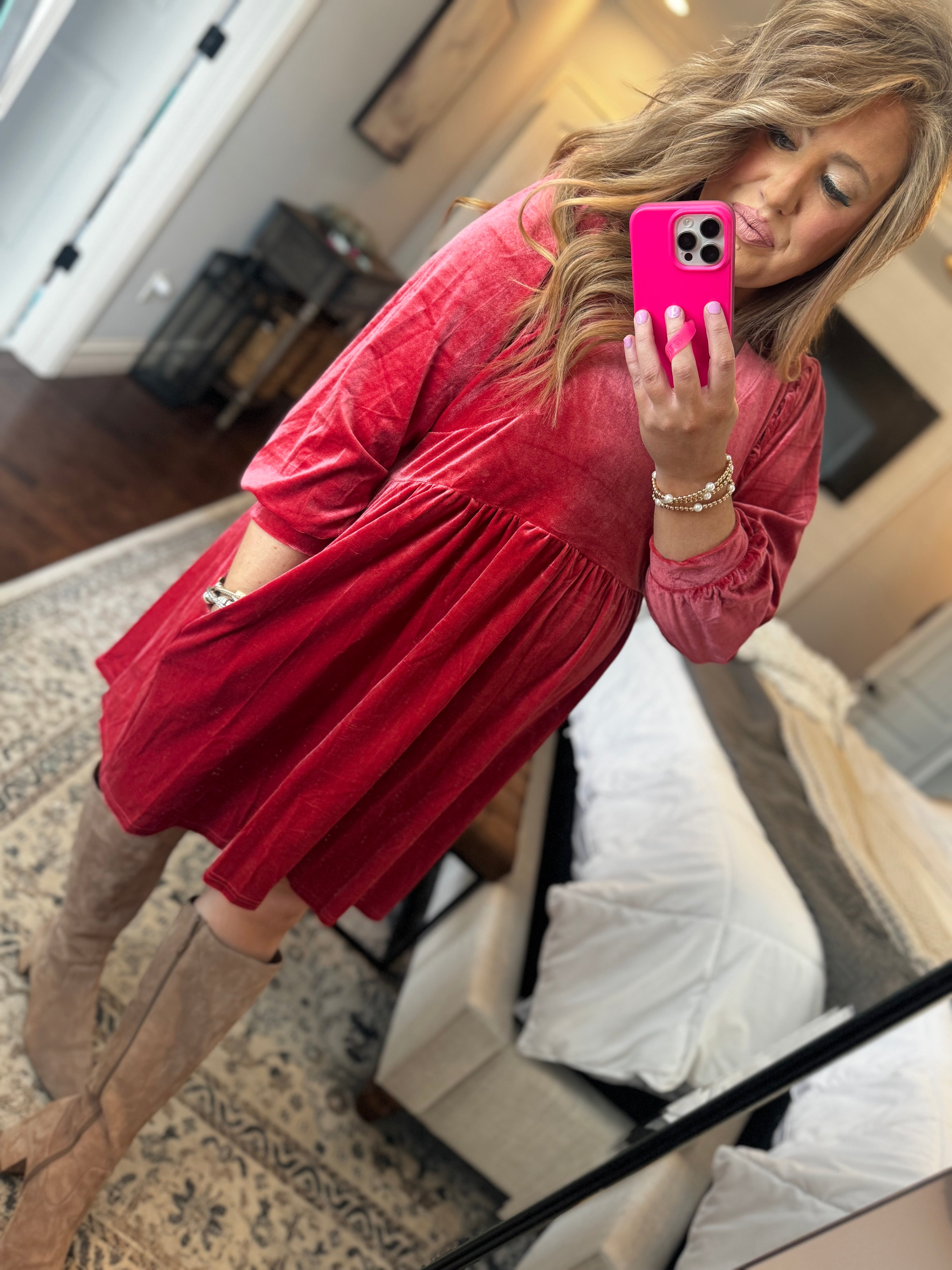 LIPSTICK PINK VELOUR DRESS 4B