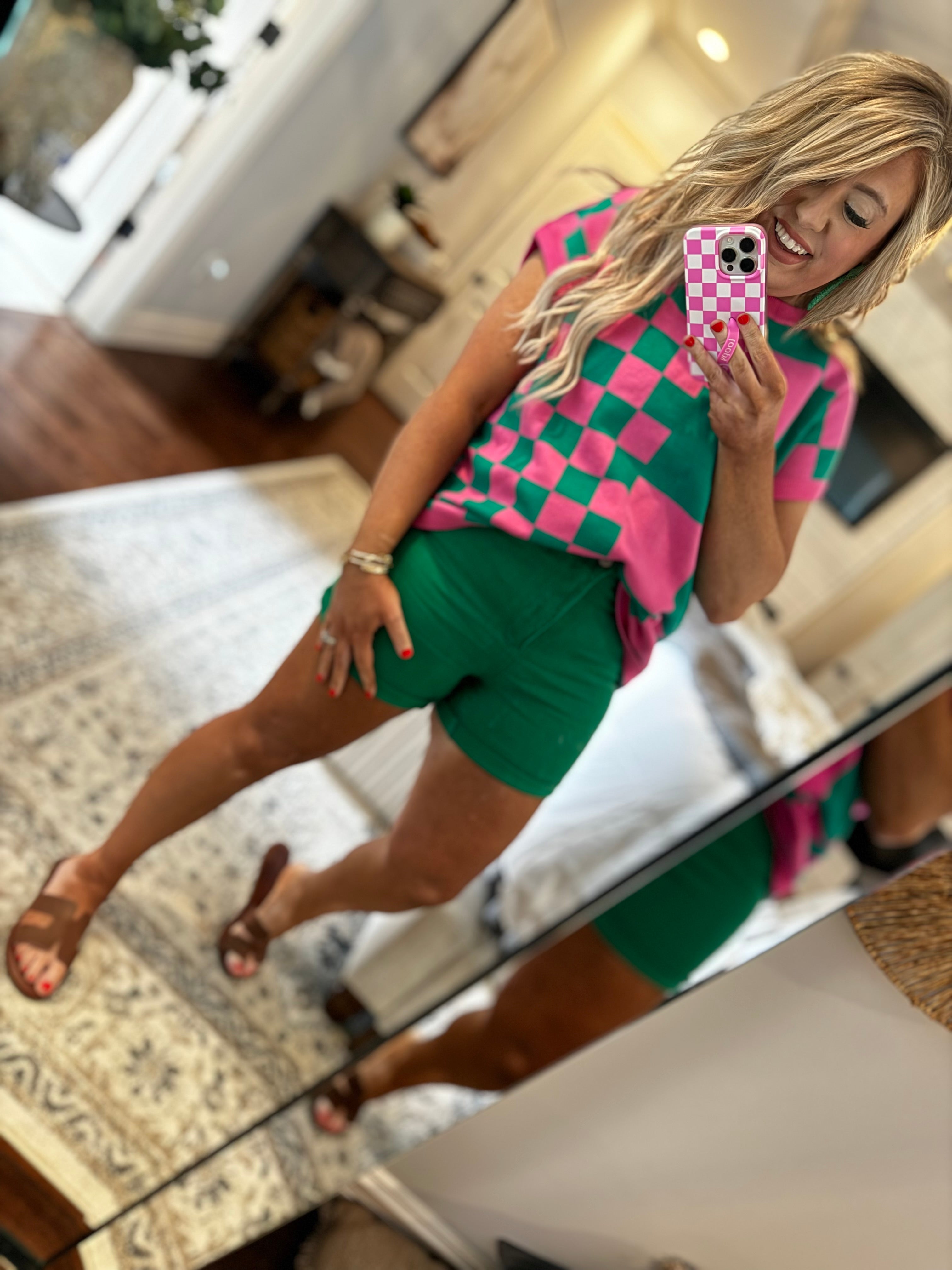 GREEN/PINK  SHORT SLEEVE SWEATER SHIRT