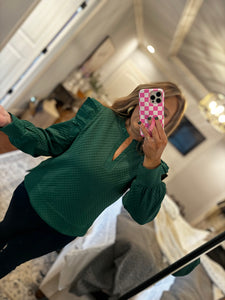 HUNTER GREEN RUFFLED SHOULDER TOP 31P