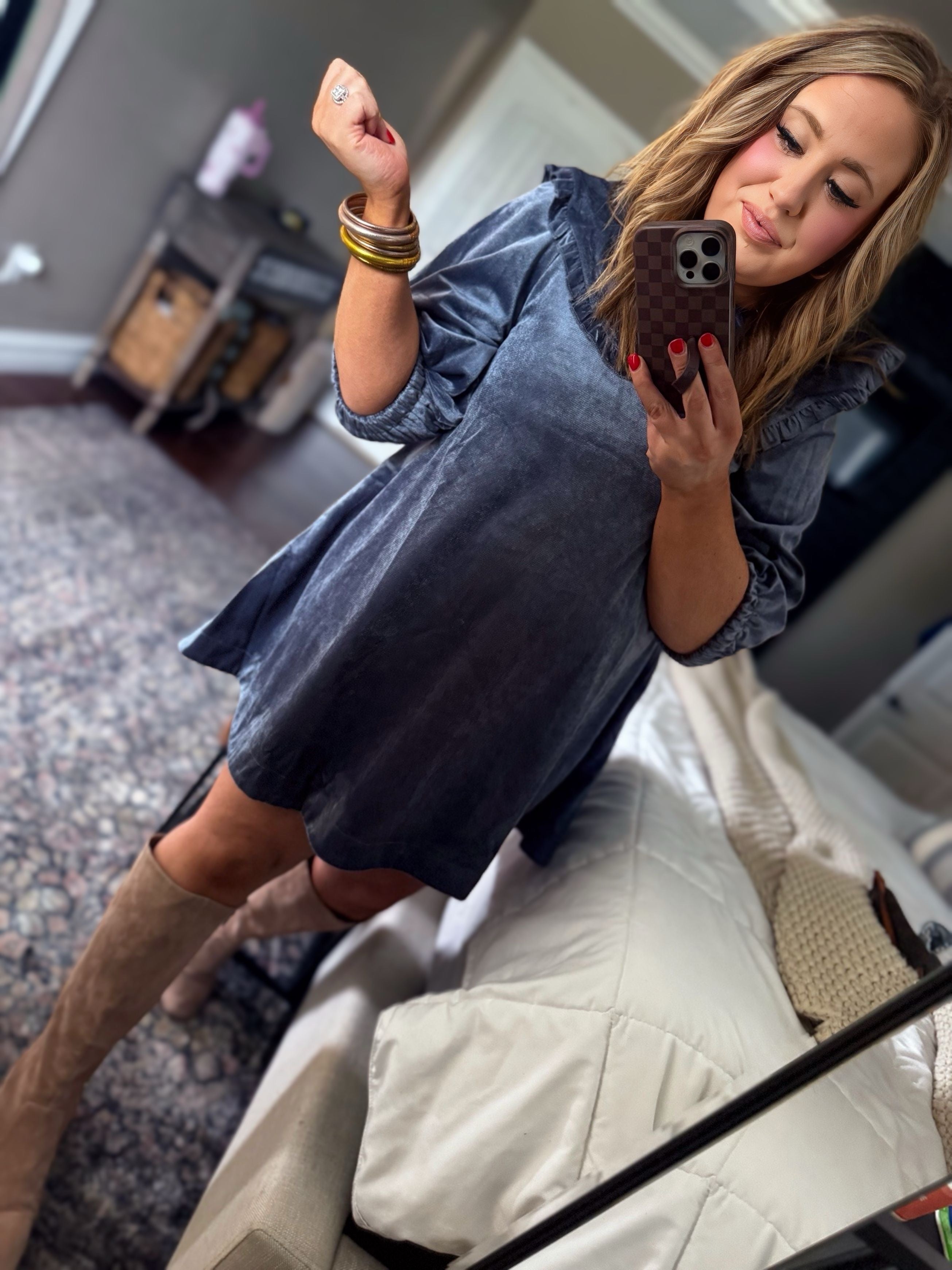 DOORBUSTER SLATE VELVET RUFFLE COLLAR DRESS S24